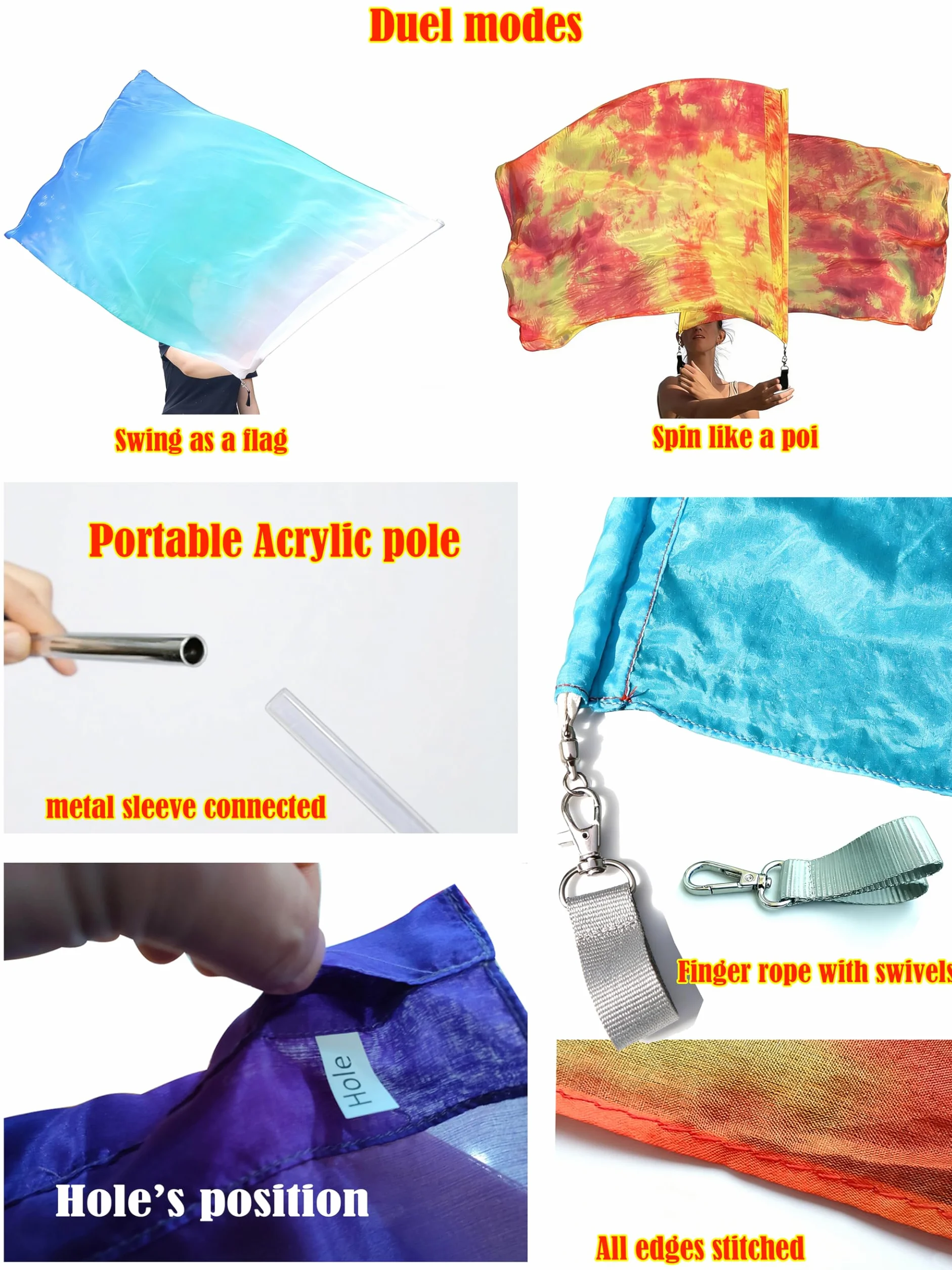 Bandiera Poi Seta Fluide 174cm Flow Art Danza Meditazione Asta Rigida