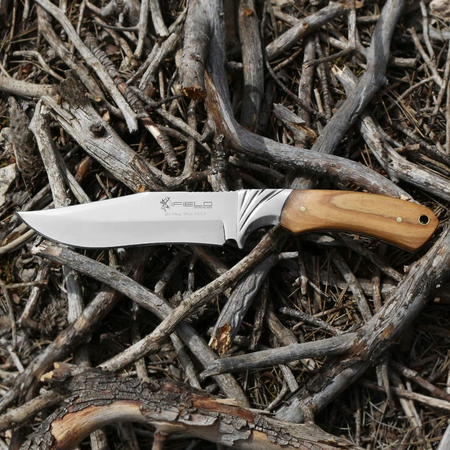 iFIELD EL29014 Coltello multifunzionale per escursioni, caccia e sopravvivenza all'aperto, manico in cervo, lama in acciaio inossidabile 3Cr13, fodero di alta qualità colore marrone