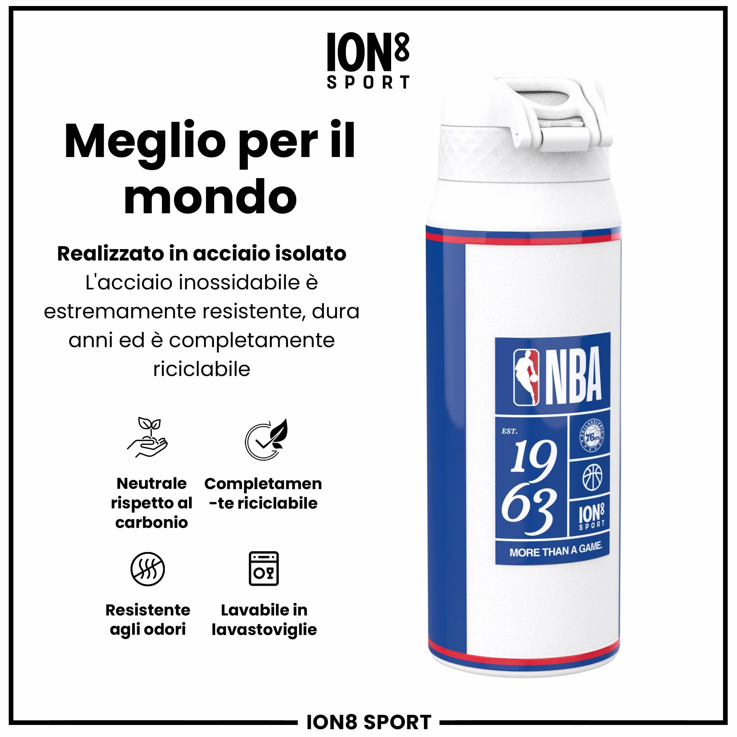Ion8 NBA Borraccia a Prova di Perdite, Lavabile in Lavastoviglie, Maniglia