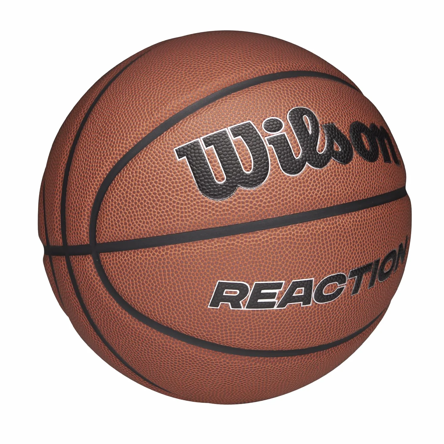 Wilson Pallone da Basket Reaction Plus, In Materiali Compositi Resistenti con Design a Canali Profondi, Marrone/Argento, Misura 5