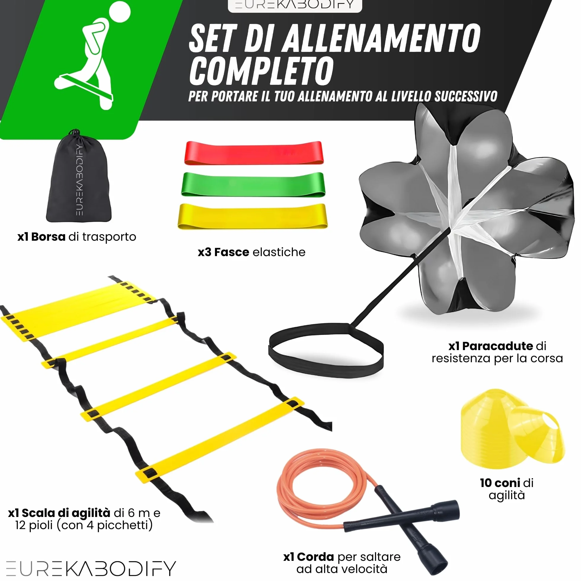 Kit Allenamento Calcio e Agilità con Scala 6m, Cinesini, Bande Elastiche, Paracadute e Borsa