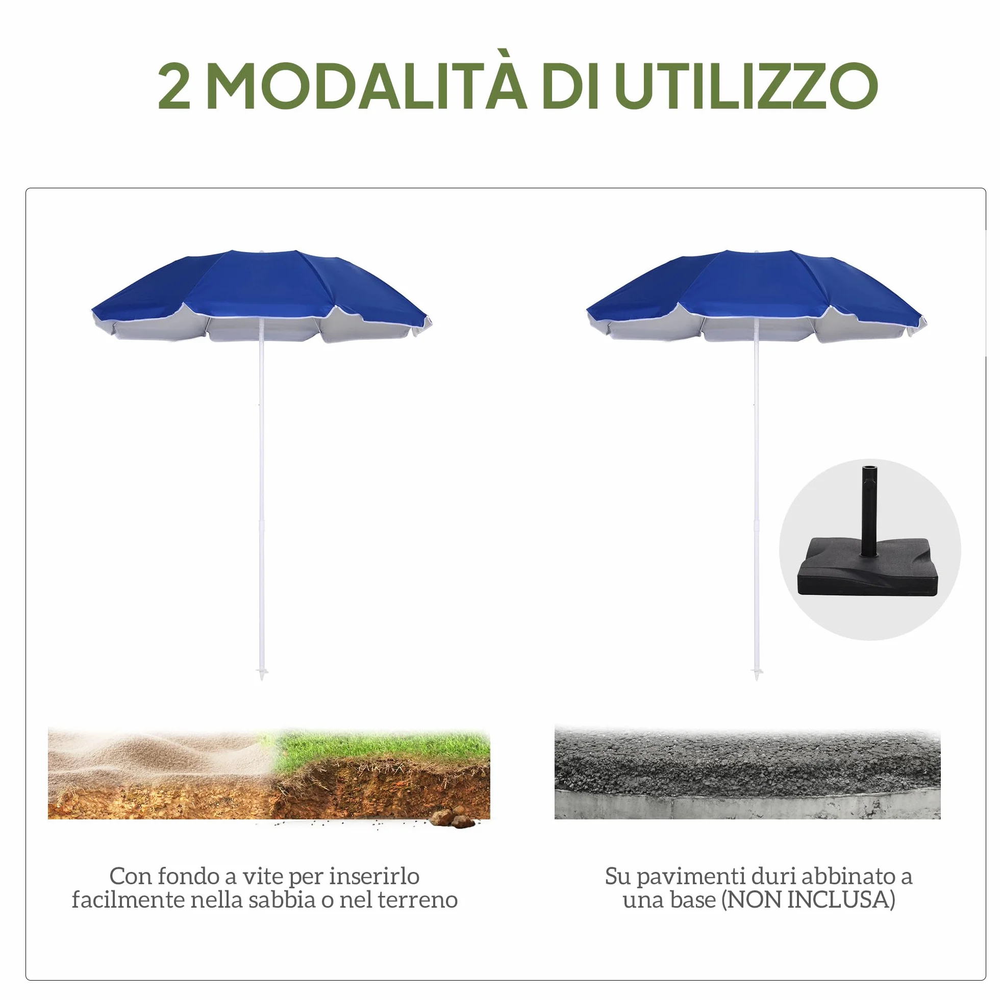 Outsunny Ombrellone da Spiaggia Ø1.6x2 m con Tettuccio Reclinabile, Ombrellone da Spiaggia Portatile con 8 Stecche, Borsa da trasporto e Design a 3 Sezioni in Metallo e Poliestere, Protezione UV, Blu