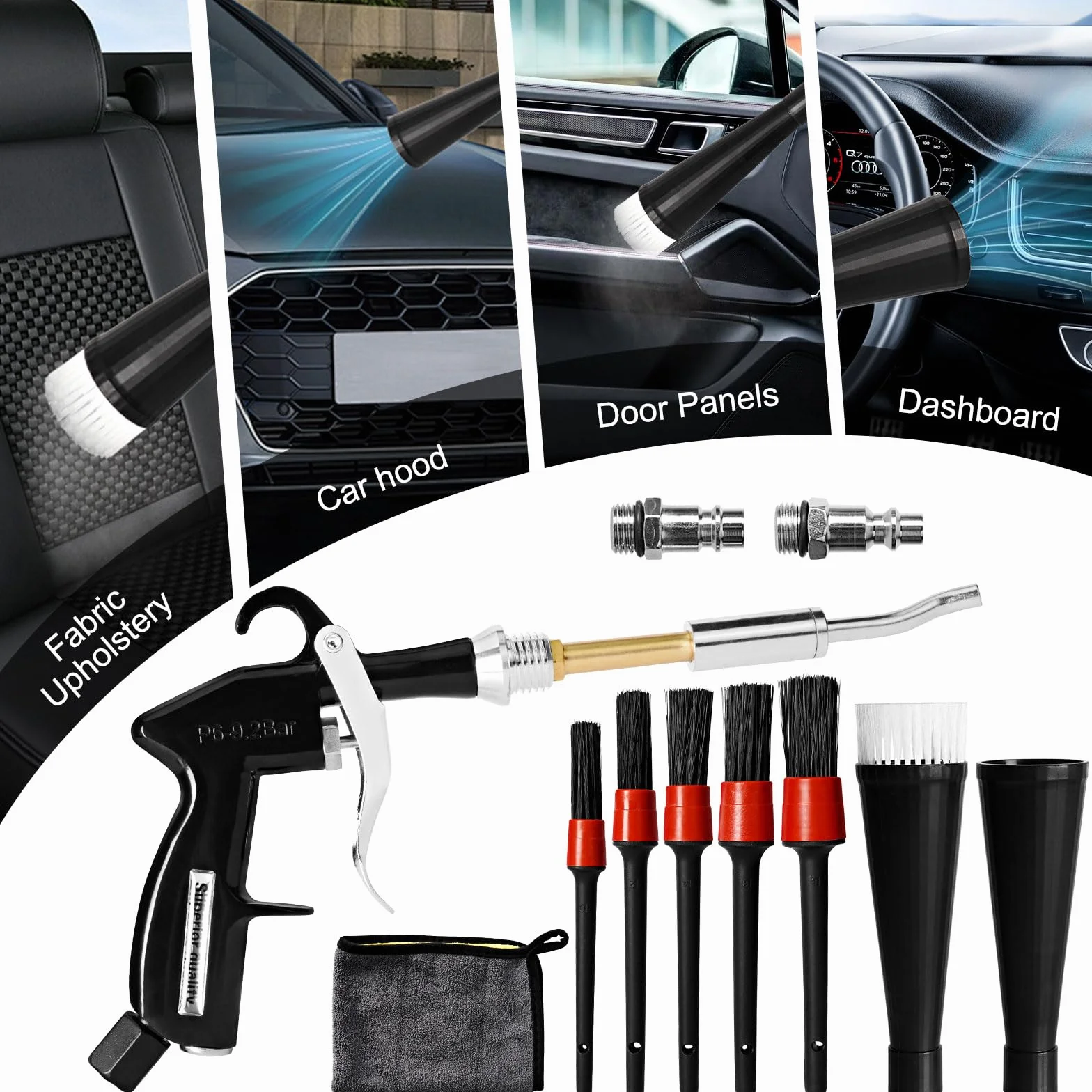 Pistola per pulizia auto ad aria compressa secca con ugello asciugamano spazzola adattatore