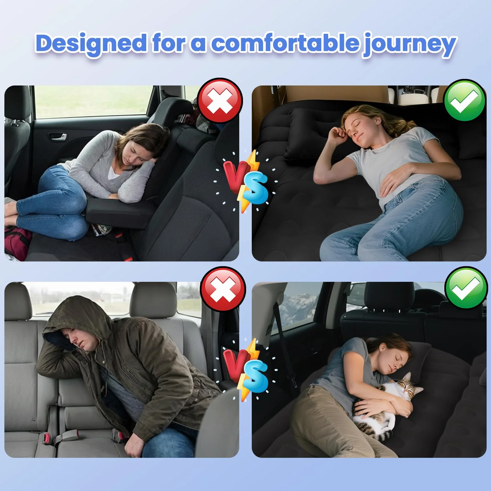 Materasso Auto SUV Portatile Ultra Comodo Floccato Materasso Gonfiabile per Auto con 2 Cuscini e Colonna d'Aria Migliorata Materasso per Auto per Interni ed Esterni Viaggi e Campeggio (Nero)