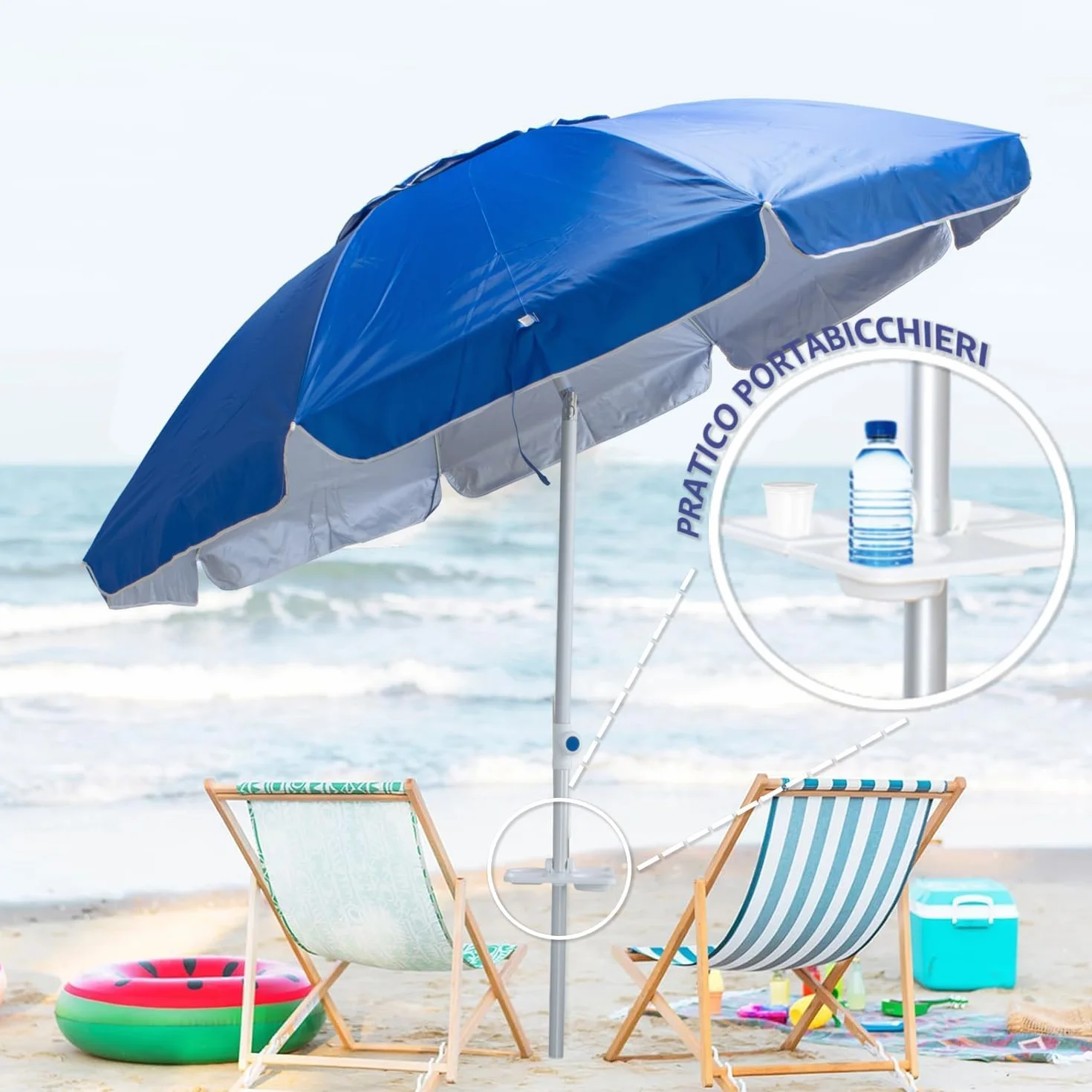 Ombrellone da Spiaggia Maiori – Struttura in Alluminio, Telo Anti UV, Snodo Zincato, Stecche in Fibra di Vetro, Base a Trivella, Sacca con Tracolla