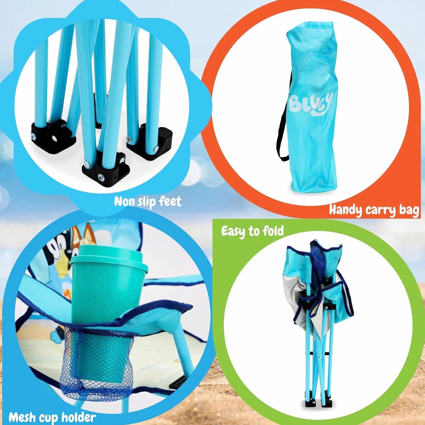 Toyland® Bluey & Bingo sedia da campeggio pieghevole per bambini con portabicchieri e borsa portaoggetti - Perfetta per gite in campeggio, spiaggia e giardino