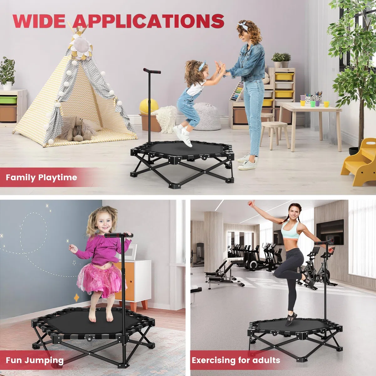 Mini trampolino pieghevole da 150 kg, trampolino fitness da 102 cm, maniglia in schiuma regolabile, trampolino elastico stabile e silenzioso per allenamento indoor/outdoor per adulti