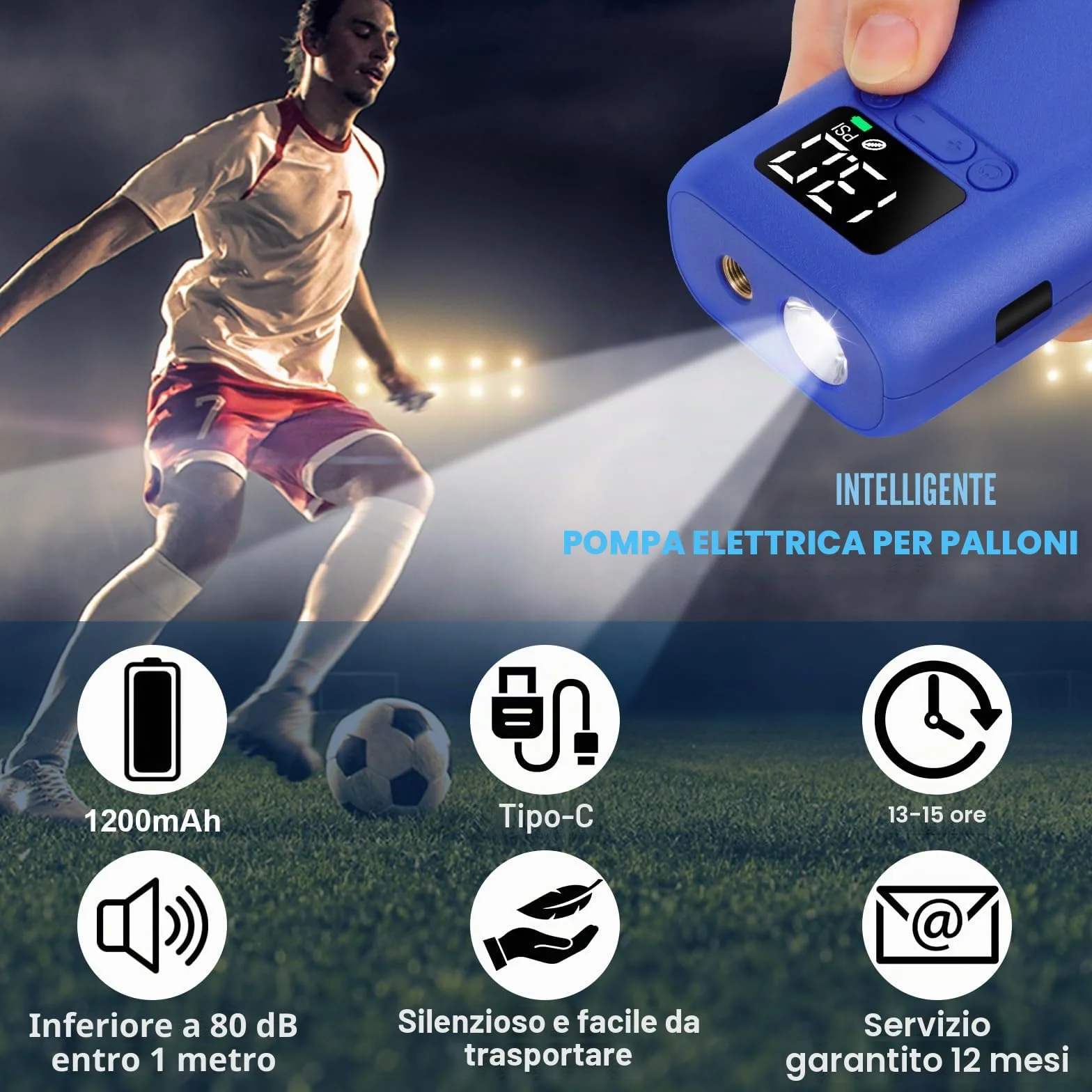Gonfiatore Elettrico Portatile Ricaricabile 1,38 Bar 200 Lumen Torcia Pompa d'Aria per Palloni