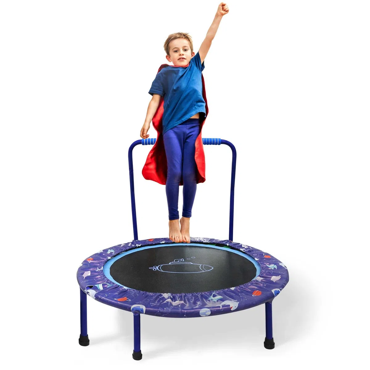 Trampolino Elastico per Bambini Ø96cm, Tappeto elastico Bambini con Manico Regolabile e Copertura Imbottita, Trampolino Elastico Fitness Pieghevole, Saltarello per Bambini da Interno ed Esterno
