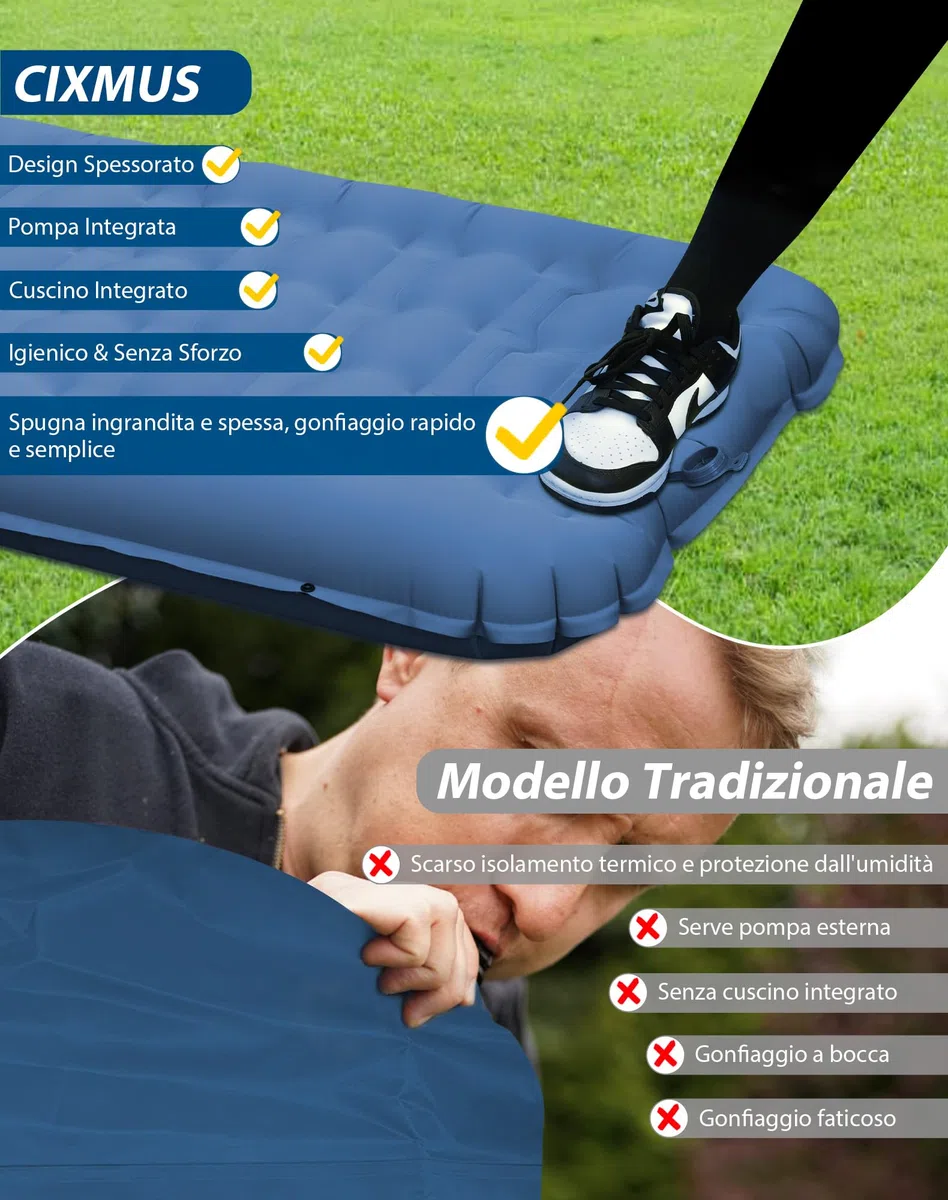 Materassino Gonfiabile Campeggio Singolo 12cm, Materassino Autogonfiante con Pompa a Pedale e Cuscino, Ultraleggero Portatile in 40D Nylon per Trekking, Tenda, Outdoor e Viaggi