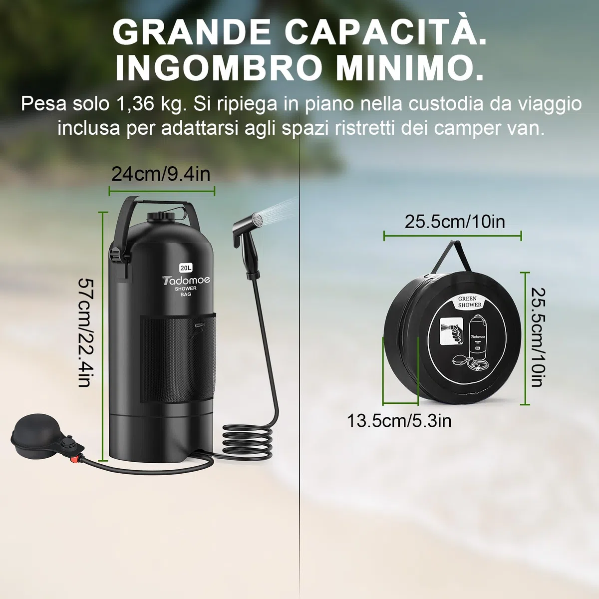 20L Doccia da Campeggio con Pompa a Pedale e Tubo da 2m, Doccia Portatile Solare Borsa con Borsa di Trasporto e Soffione - Doccia Mobile per Camping, Spiaggia, Cani e Giardino