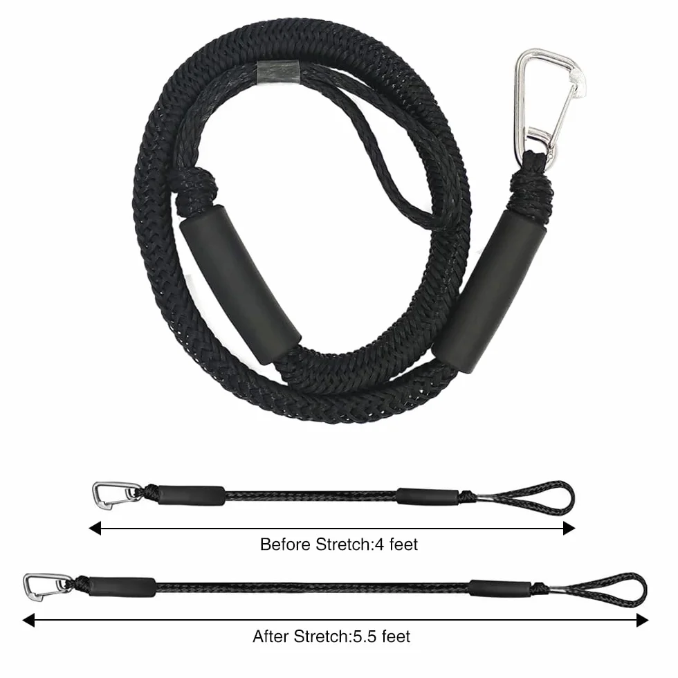 Bungee Dock Line Ormeggio Corda, Corda d'ormeggio, Cima Ormeggio, Linea di Ormeggio con Gancio per Barche, Kayak, Moto d'acqua, Pontoni, Canoe (Nero)