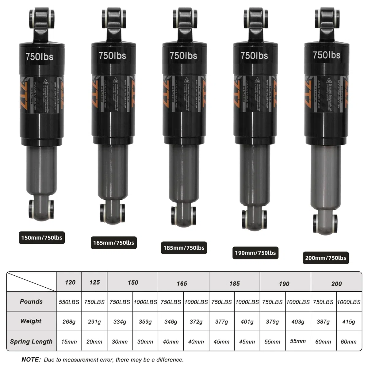 MTB Rear Shock Absorber 120/125/150/165/185/190/200mm, Bicycle Rear Suspension for MTB, Mountain Touring Bike,Downhill Bike, Electric Scooter