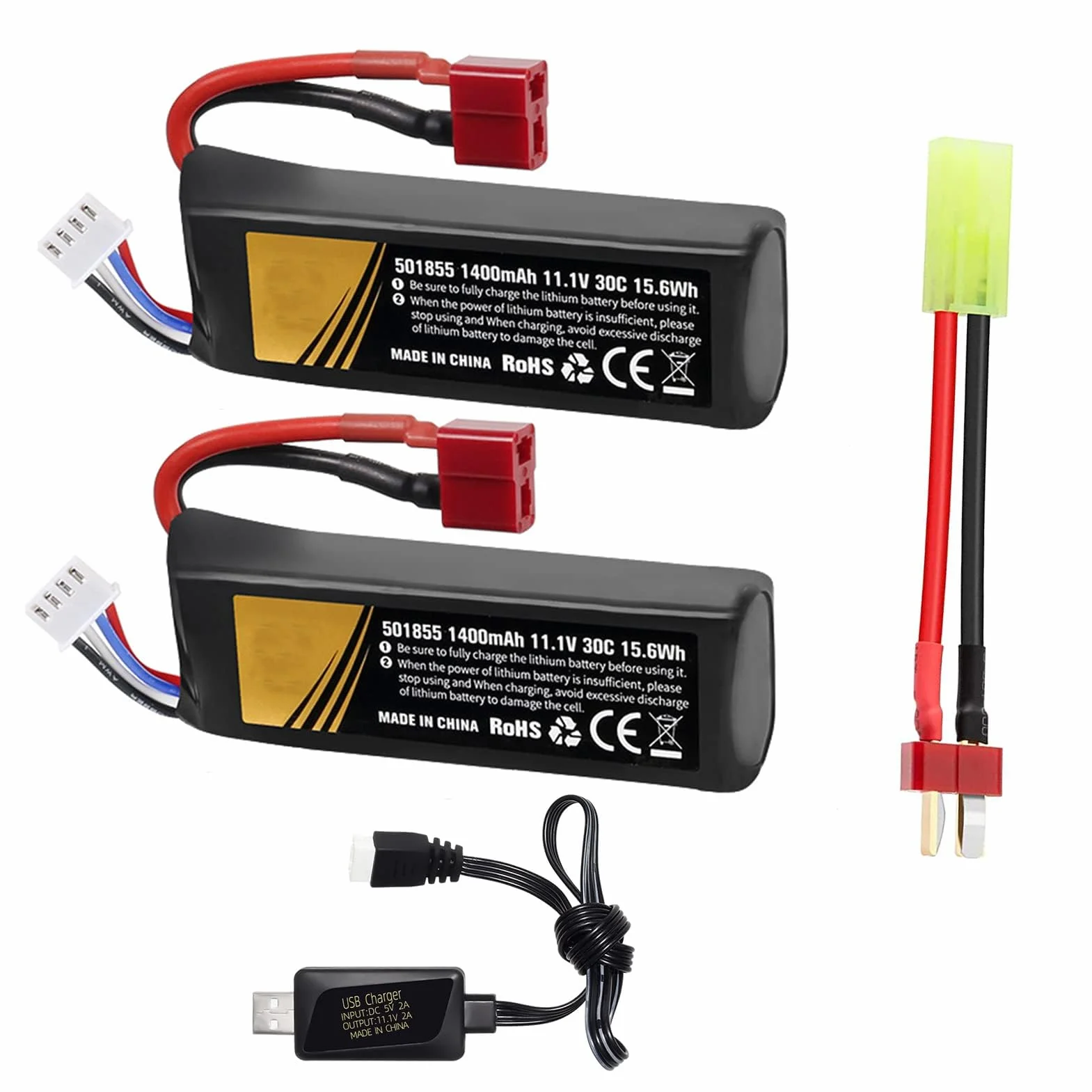 Batteria Airsoft 11.1V 3S 30C 1400mAh LiPo Ricaricabile con Presa T e Mini Tamiya 2 Pezzi
