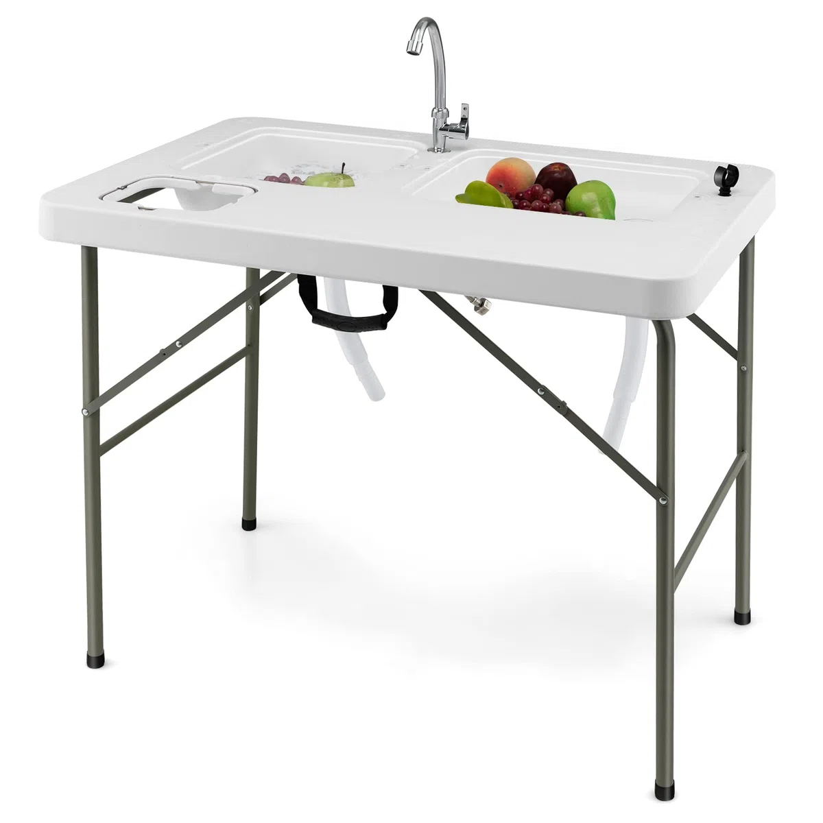 GYMAX Tavolo Portatile per la Pulizia del Pesce, con 2 Lavandini e Rubinetto Girevole, in Acciaio e HDPE, per Campeggio, Pesca, Picnic, Portata 150 kg, 101,5 x 65,5 x 107,5 cm