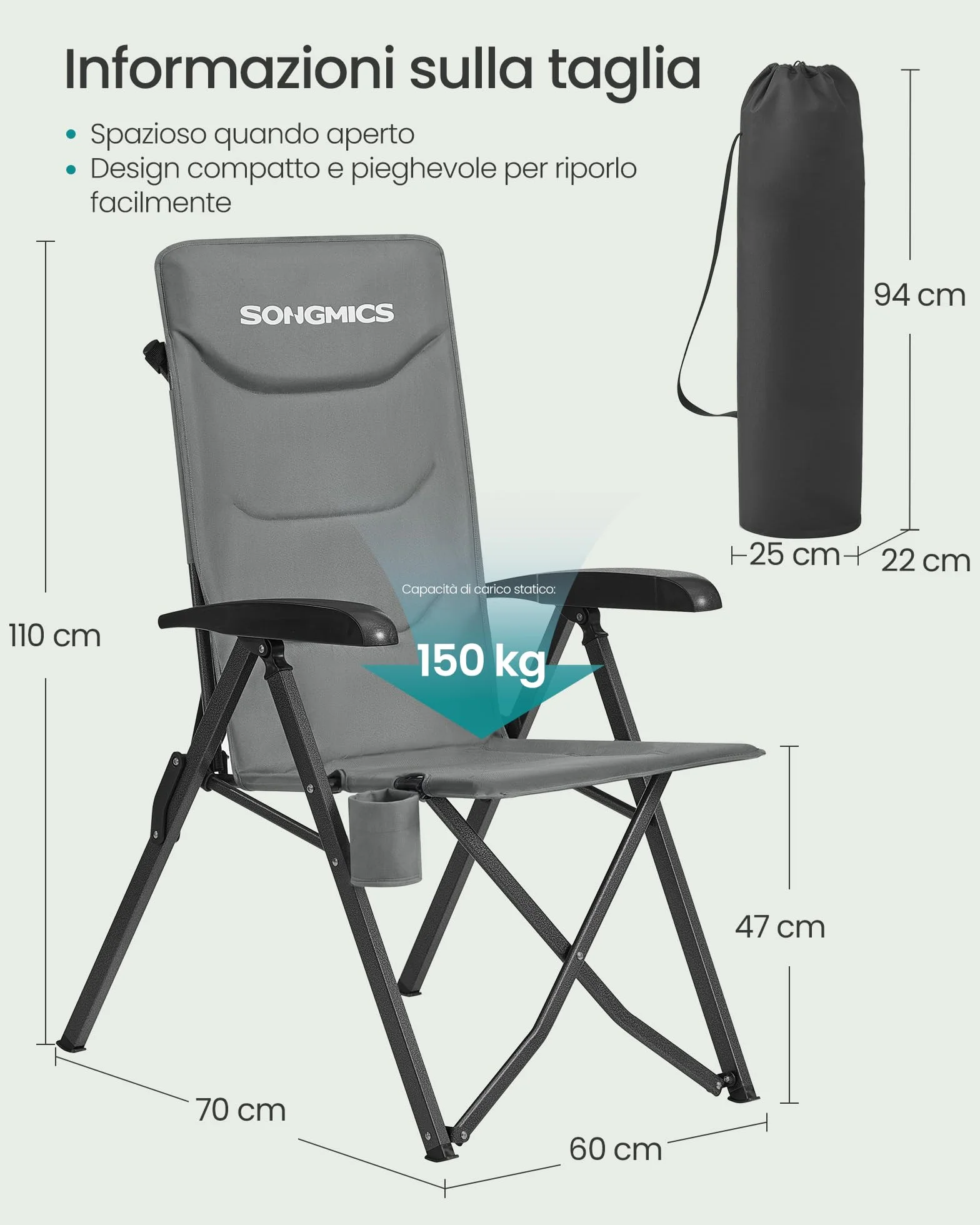 SONGMICS Set di 2 Sedie da Campeggio Reclinabile Pieghevole Imbottita Schienale Alto Regolabile Grigio