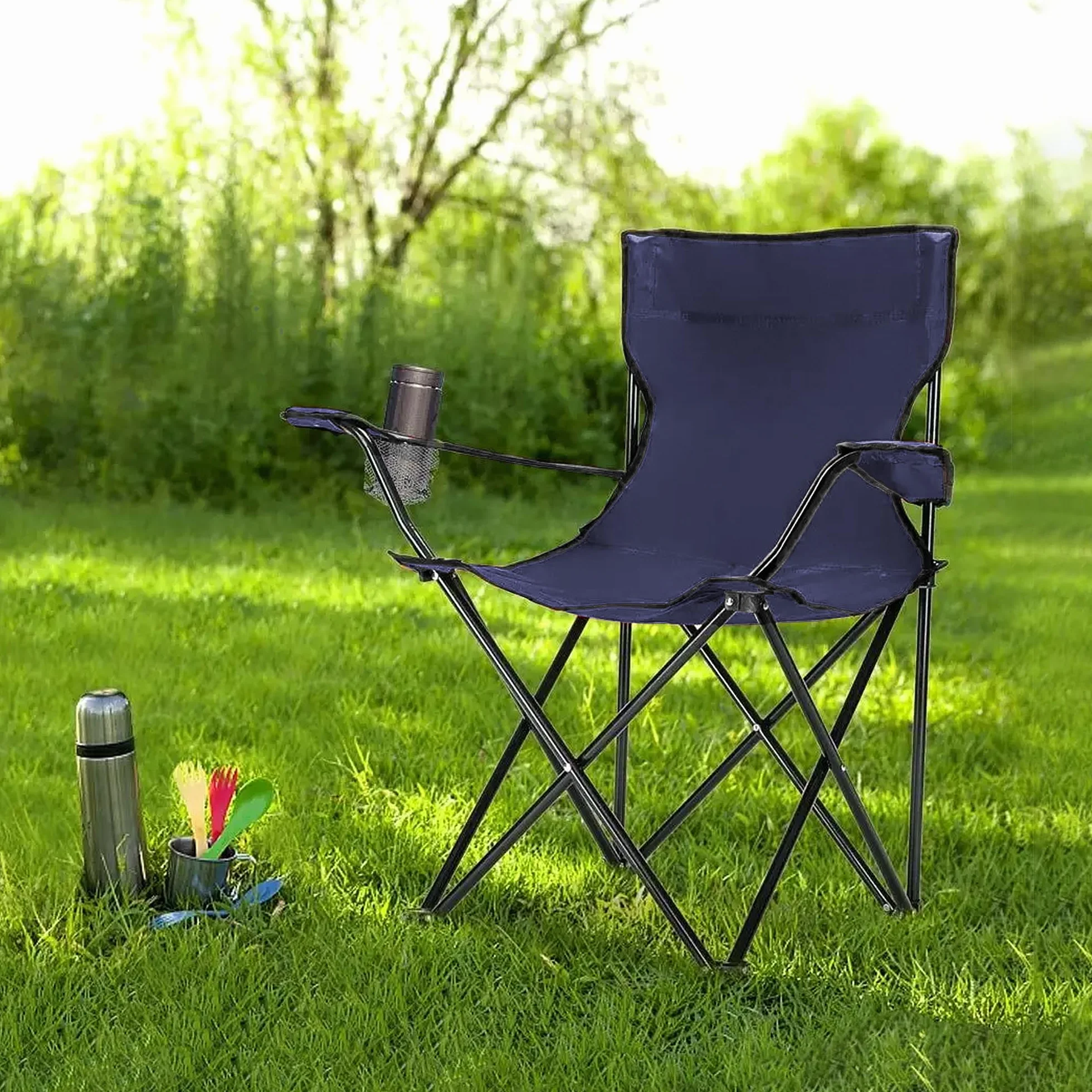 IlGruppone Sedia Camping Pieghevole in Acciaio con Porta Bevande – Sedia da Campeggio Portatile Impermeabile e Antiruggine con Sacca Trasporto – Ideale per Mare, Spiaggia, Pesca e Outdoor (Blu)