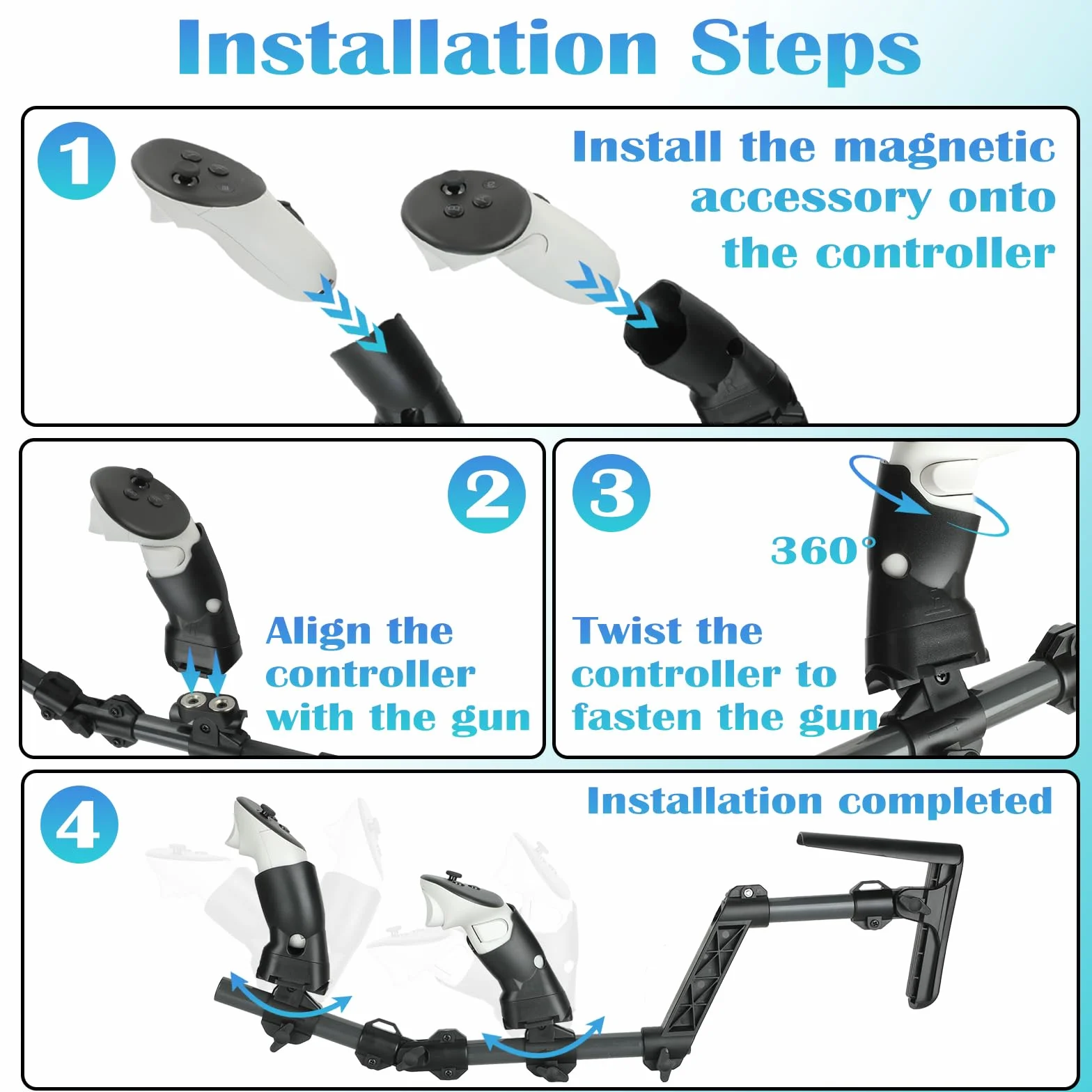 VR Gunstock per MetaQuest 3, pistola compatibile con impugnatura VR MetaQuest 3 per migliorare la stabilità e il controllo, adattatore magnetico (nero)