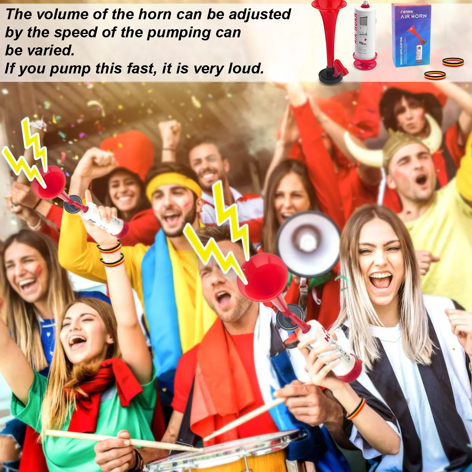 Tromba da stadio Air Horn estremamente forte con 2 braccialetti in silicone