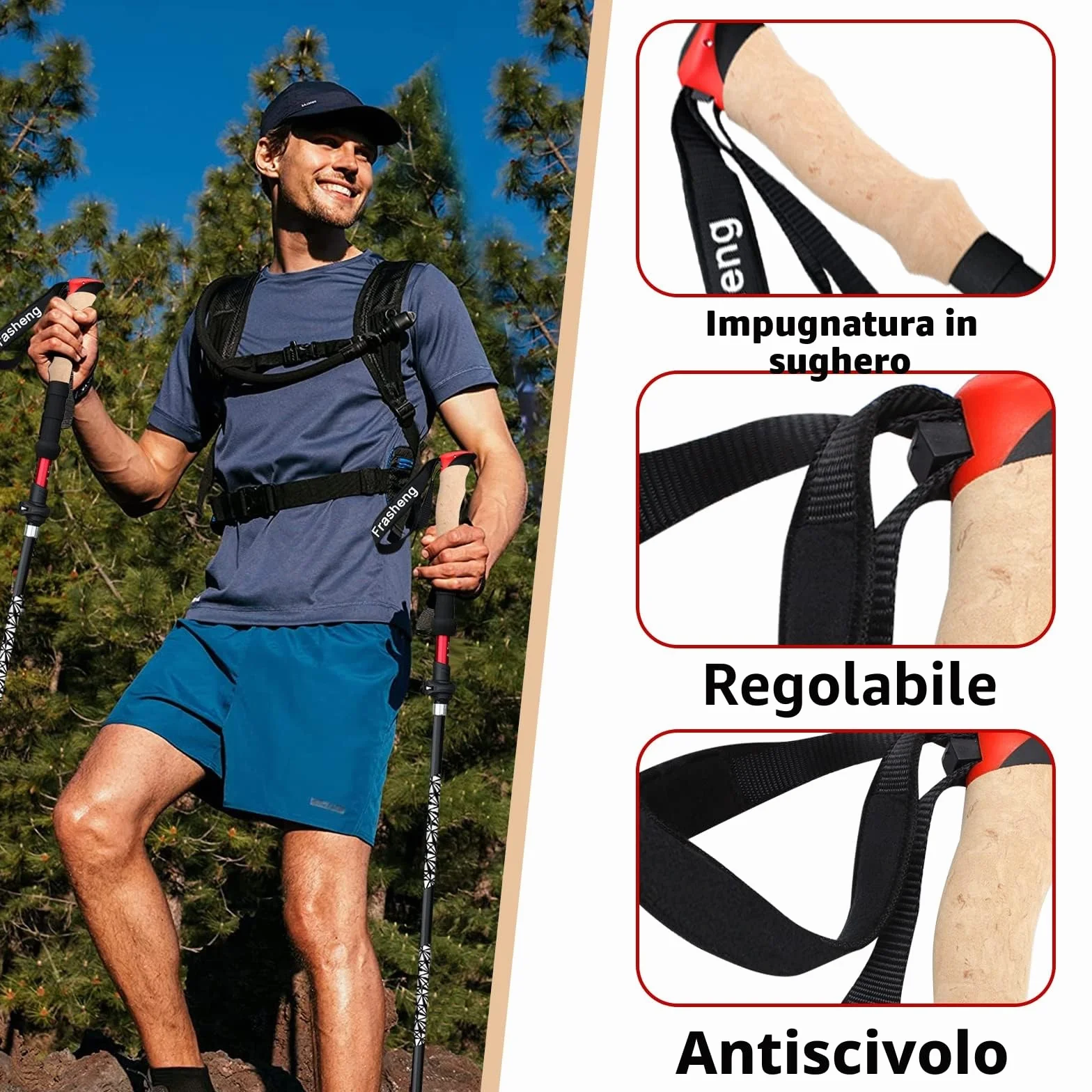 Bastoni Trekking Pieghevoli 7075 Alluminio, Nordic Walking Bastoncini con Manico in Sughero, 115-135cm, Nero