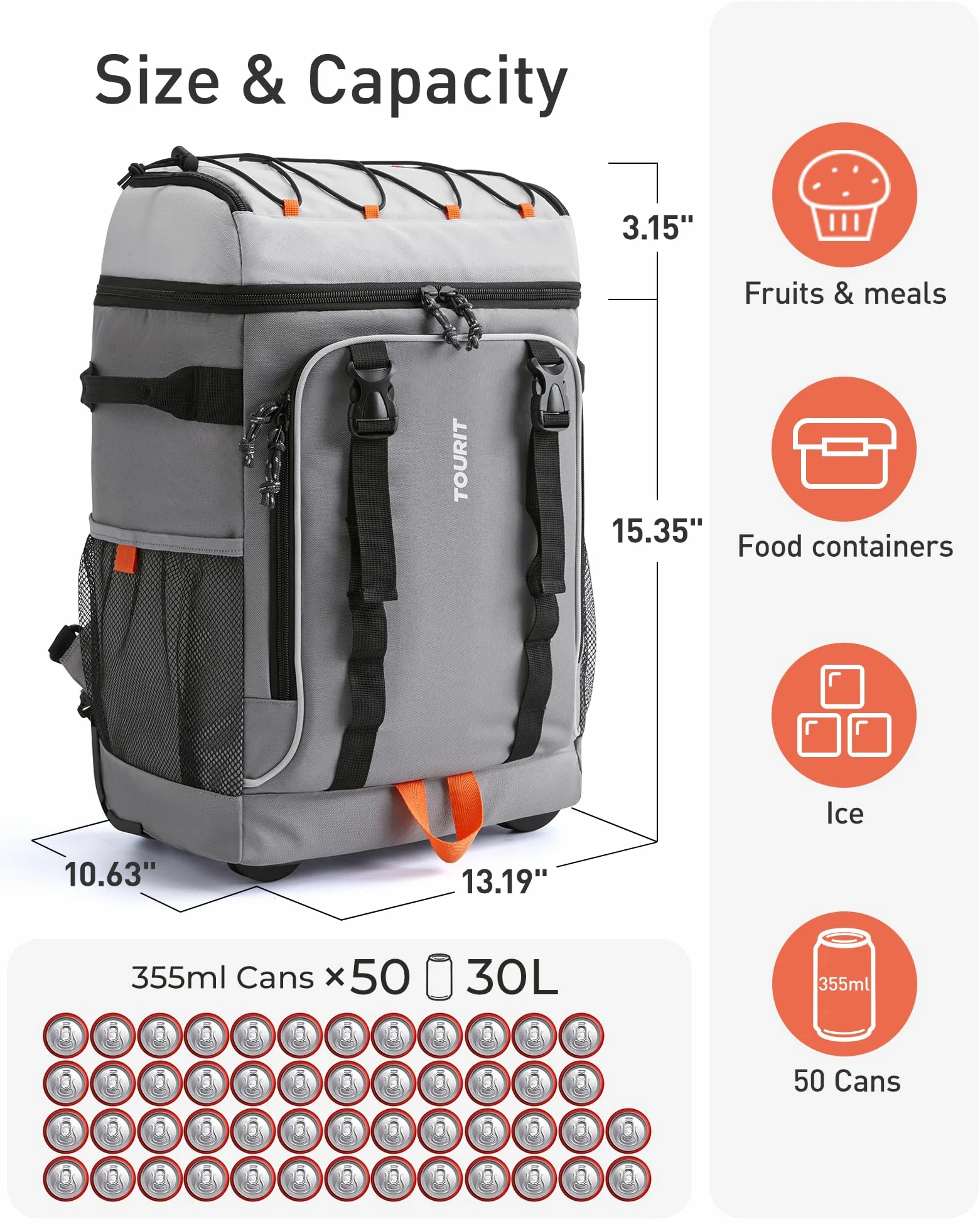 TOURIT Zaino refrigerante con ruote per 50 lattine, doppio fondo e doppio manico, borsa frigo portatile con ruote da donna, capacità 30 litri, dimensioni: 18" (15"+3") × 13" × 11"