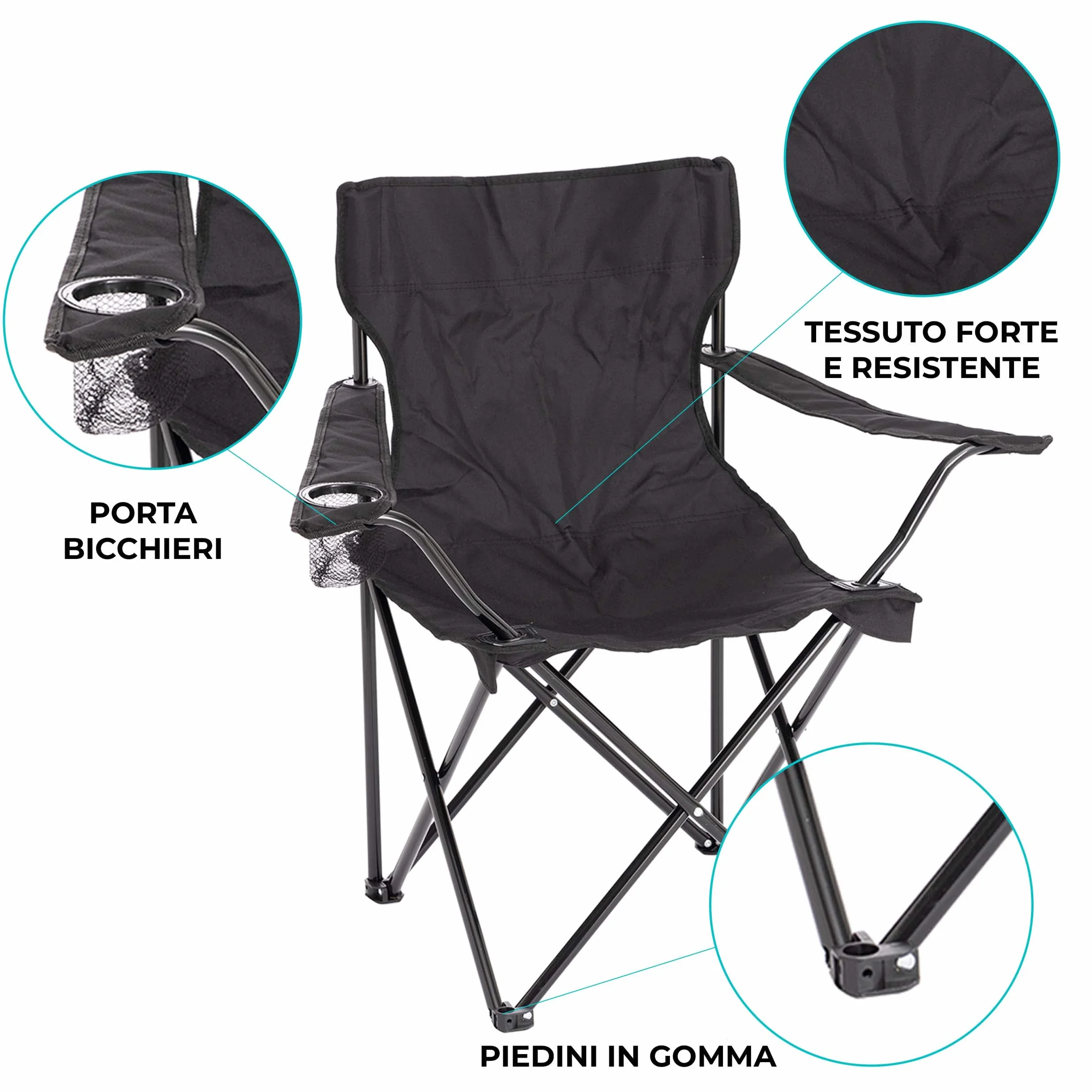 Baroni Home Sedia Campeggio Pieghevole Impermeabile Portatile 50x50x80 cm Set 2 Nero
