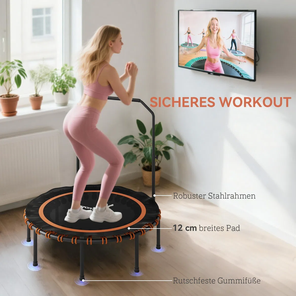 SPORTNOW Fitness Trampolin Ø114/122 cm klappbar Mini Trampoline mit 5 verstellbaren Handgriffstufen, leise Gummiseil, Trampolin für Erwachsene Trampoline für Indoor Outdoor Jumping