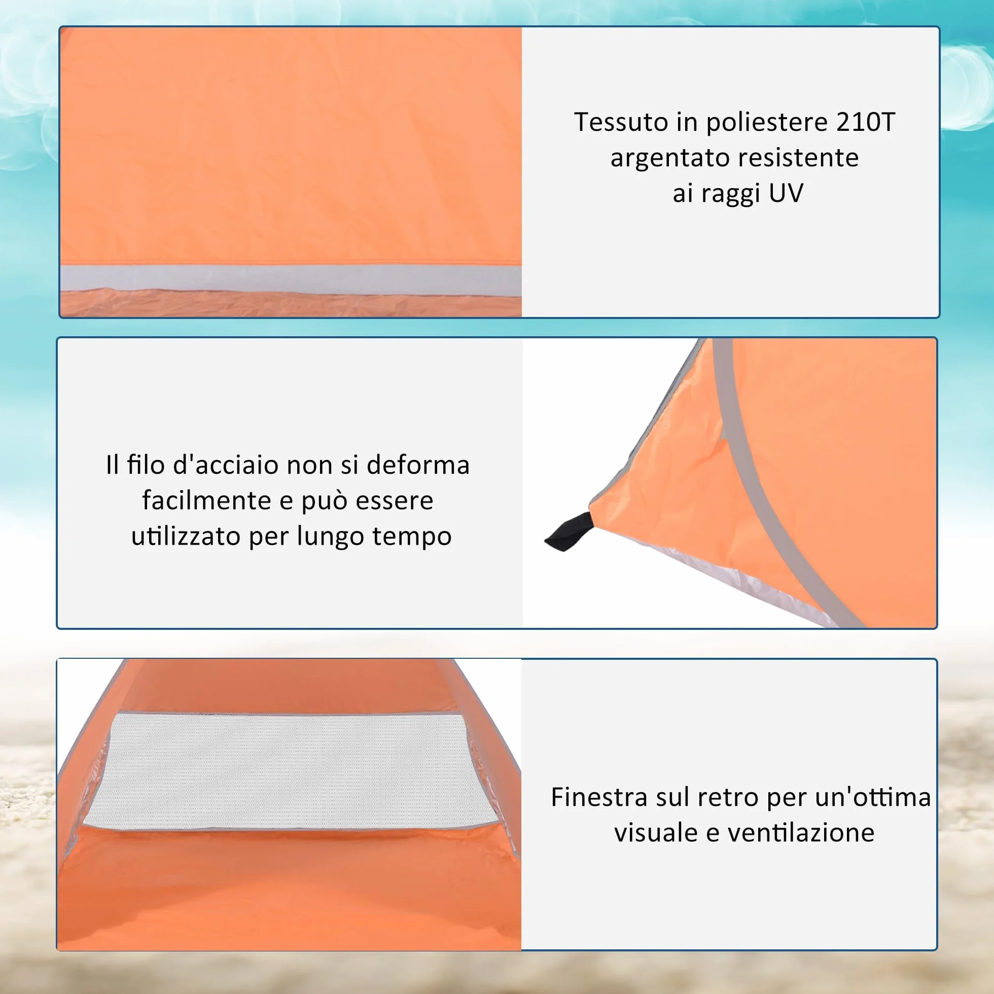 Outsunny Tenda da Spiaggia Pop Up con Protezione UV 30+, Tendalino da Mare Pieghevole con Finestra e Borsa di Trasporto, 200x150x119 cm