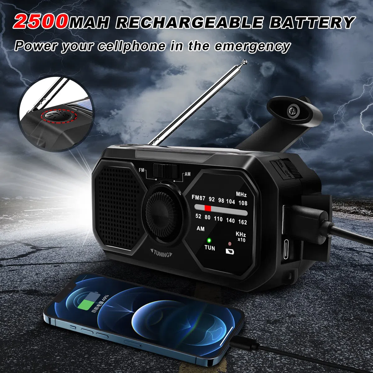 HOSSOM Solare Radio di Emergenza, AM/FM Radio a Manovella, Radio Portatile 2500mAh Ricaricabile con Torcia LED/Allarme SOS, per Campeggio, Ourdoor, Emergenza