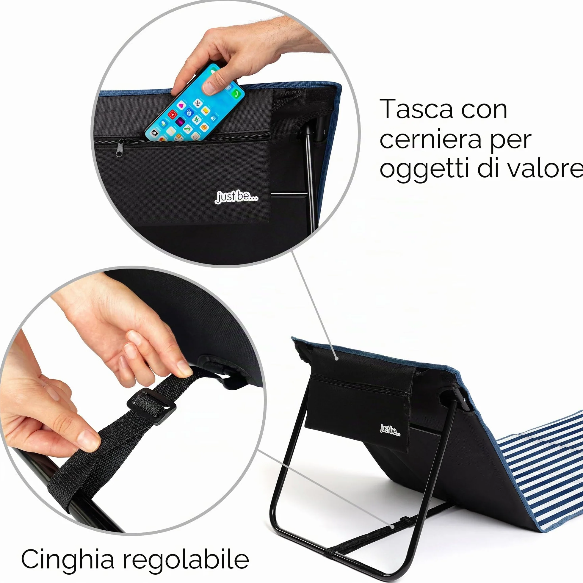 Tappetino da spiaggia pieghevole con schienale reclinabile e tasca, righe blu