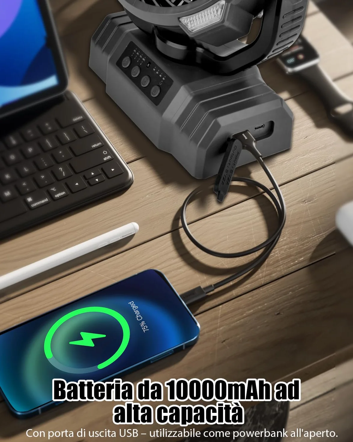 Timiyou Ventilatore da campeggio, 10000 mAh, molto silenzioso con luce, telecomando, power bank, 4 velocità, gancio, timer, ventilatore USB per esterni, campeggio, picnic, barbecue, pesca, ufficio