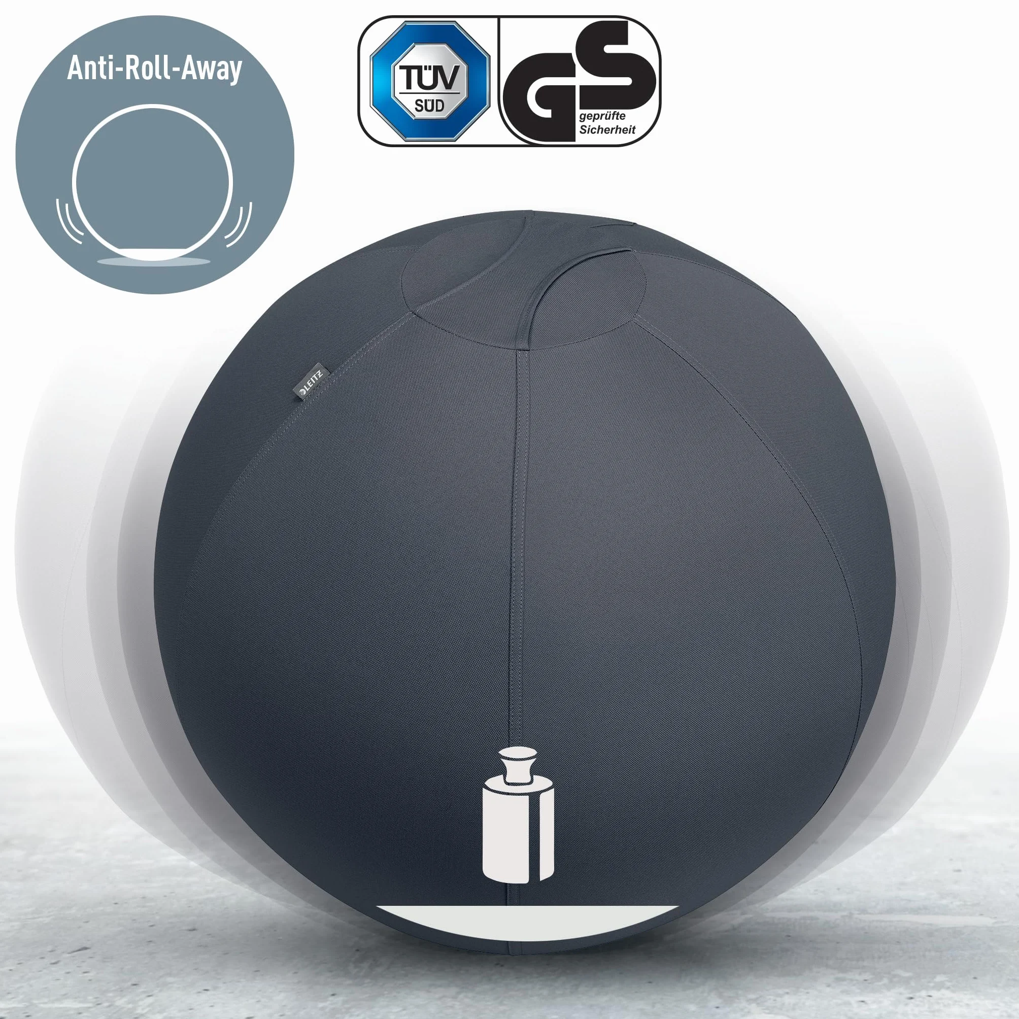 Leitz Ergo Palla da Seduta Active con funzione di arresto, alternativa ergonomica alla sedia, diametro 65 cm, con rivestimento in tessuto, pompa ad aria manuale e 2 spine, Grigio Velluto, 65420089