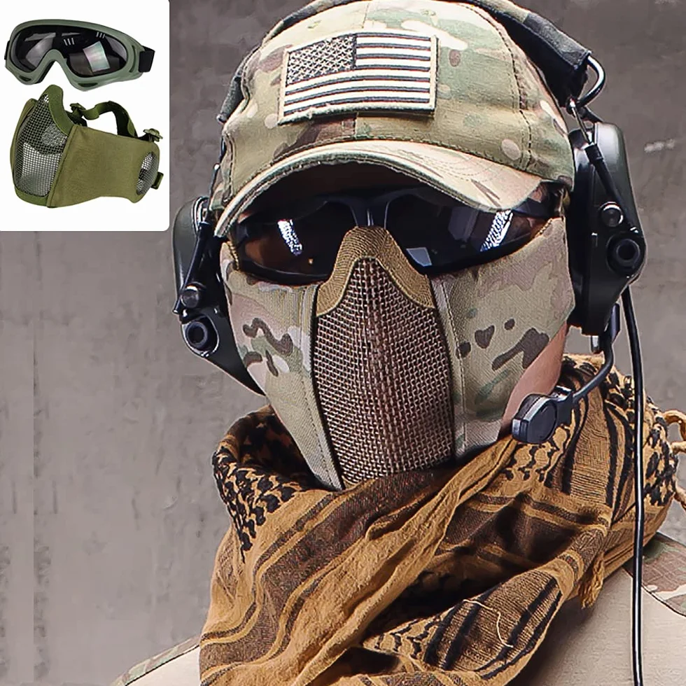 Maschera a metà viso in rete per softair con protezione orecchie e occhialini