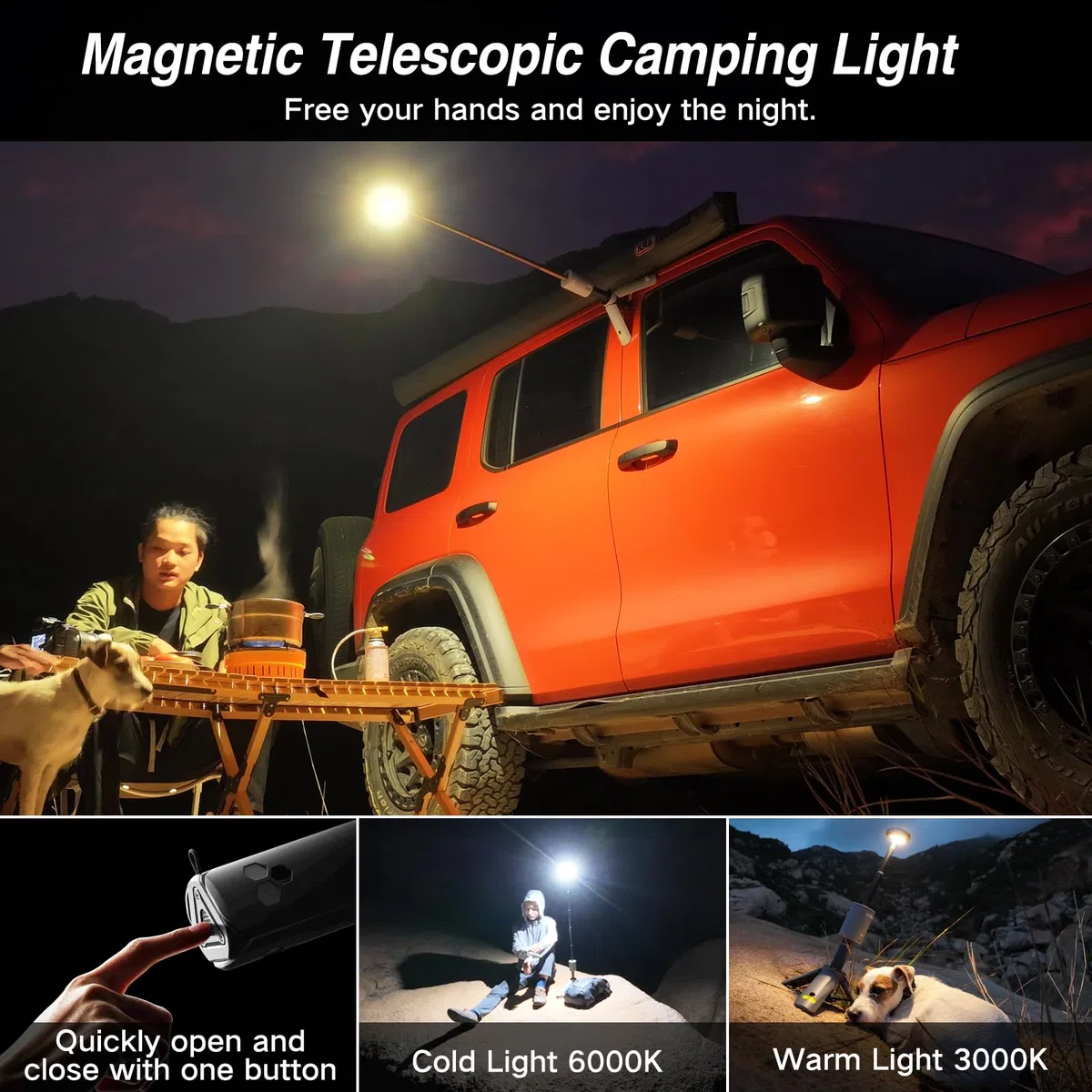 Outask Lanterna da campeggio ricaricabile, portatile, magnetica, con batteria da 12000 mAh, torcia telescopica impermeabile IPX6/IPX7, lampada da campeggio per emergenza, campeggio, escursionismo