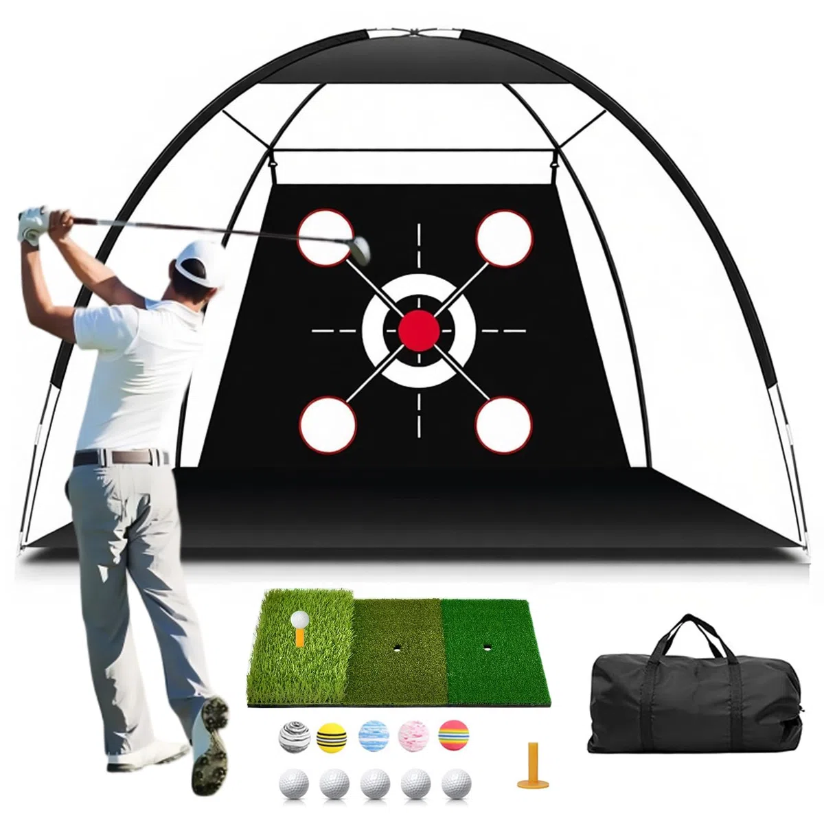 Rete da allenamento per il golf con tappetino, set da allenamento portatile da 300 x 200 cm con bersaglio, 3 tappetini da tiro, 10 palline da golf, tee e borsa da trasporto per uso interno ed esterno