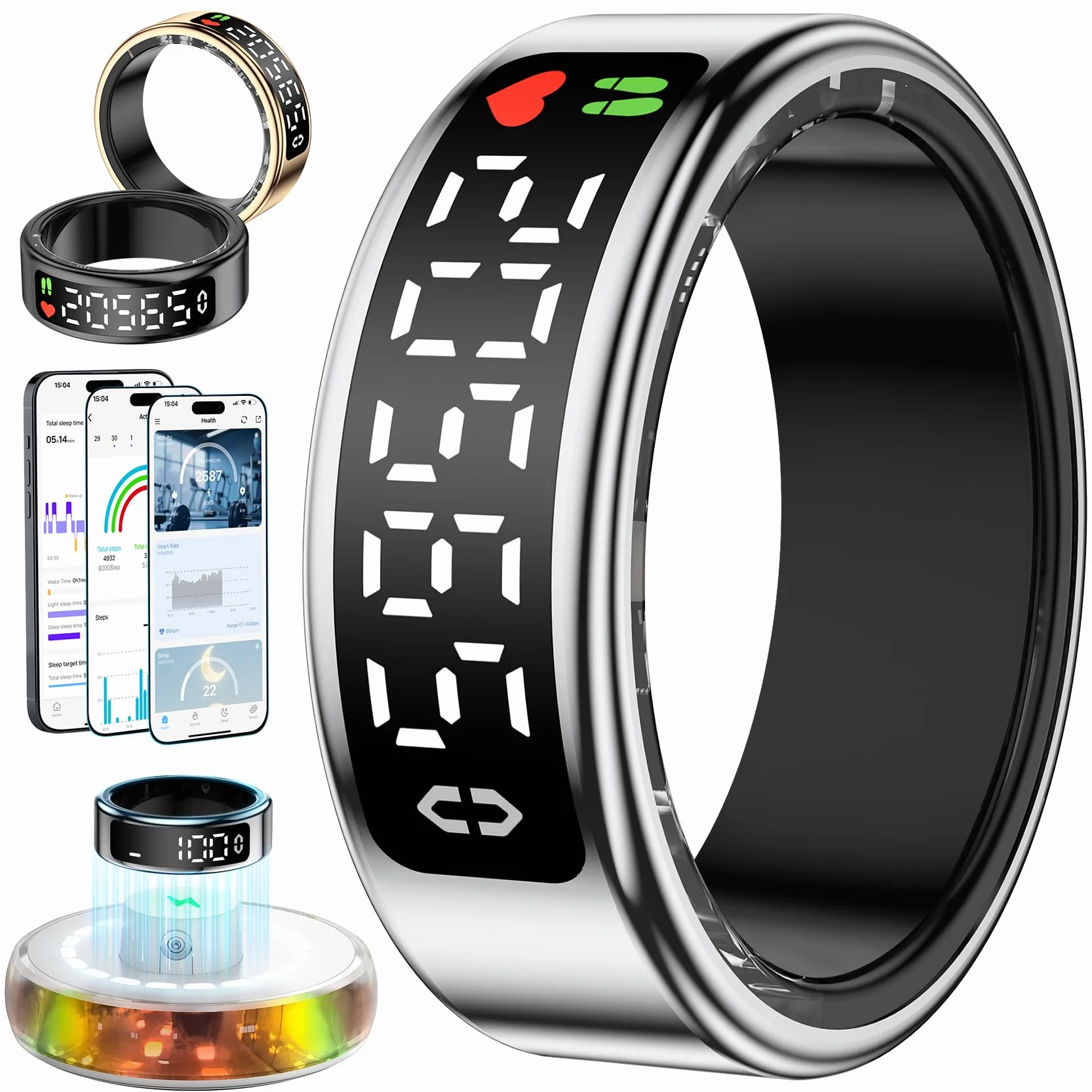 2026 Nuovo Smart Ring , Anello Smart per Uomo, Anello Intelligente uomo con Pantalla, Smartring Health IP68 con iOS e Android, Tracker Fitness/Sonno/Stress/Frequenza Cardiaca/SpO2/HRV (Argento, 8)