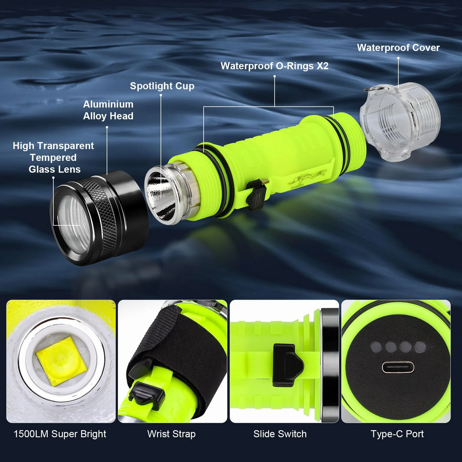 Torcia Subacquea LED 1500 Lumen Ricaricabile Impermeabile IPX8 80m