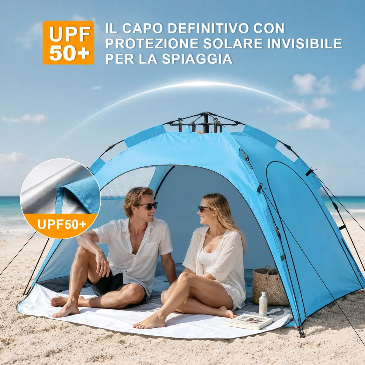JONRRYIN Tenda da Spiaggia Pop Up per 2-3 Persone, Tenda Mare Spiaggia con Protezione UV 50+, 3 Ingressi, Gancio Interno e 4 Sacche di Sabbia, Struttura Portatile per Campeggio e Picnic