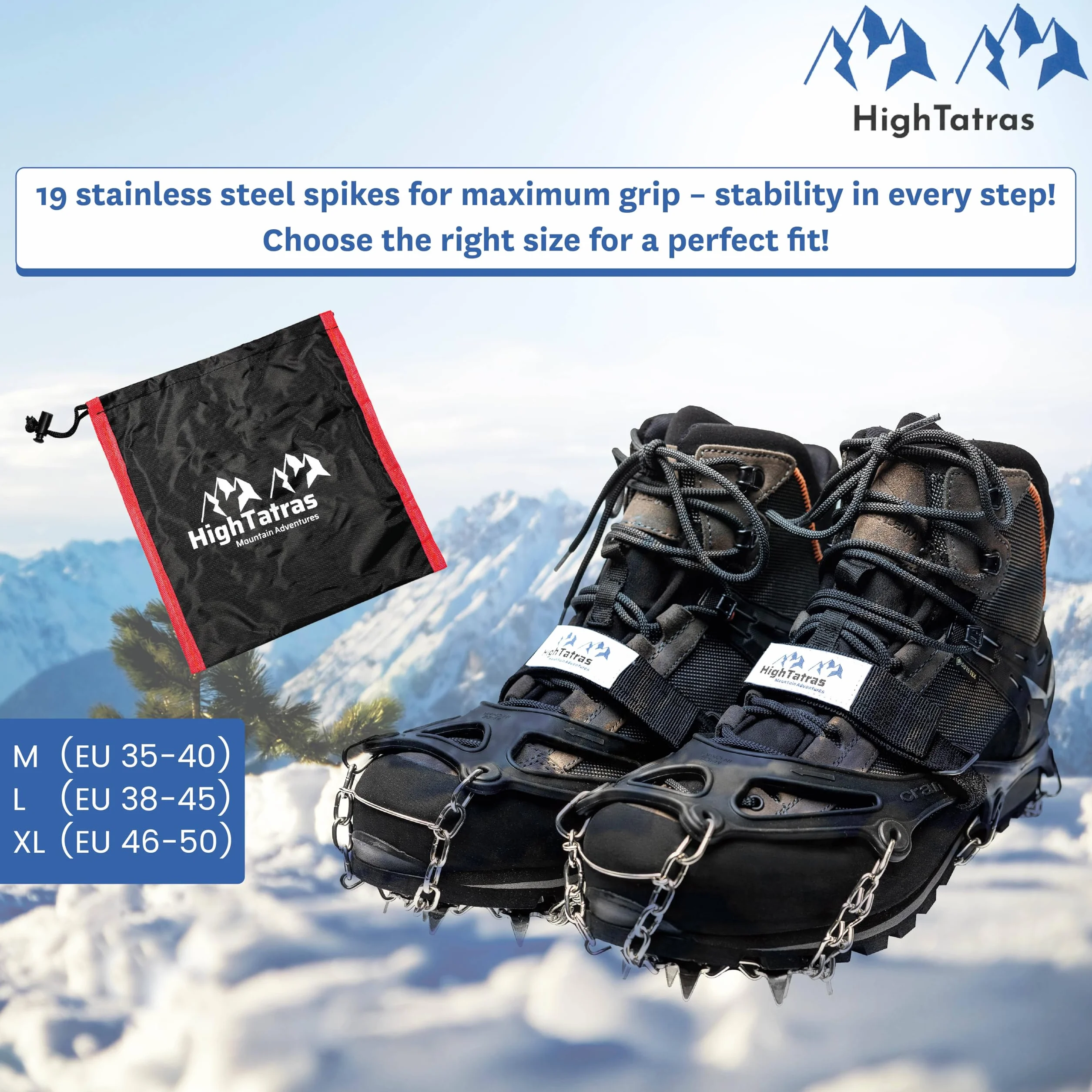 High Tatras Ramponi per scarponi taglie M, L, XL, punte antiscivolo, ramponi da montagna per neve e ghiaccio, per trekking invernale, 8 o 18 punte in acciaio