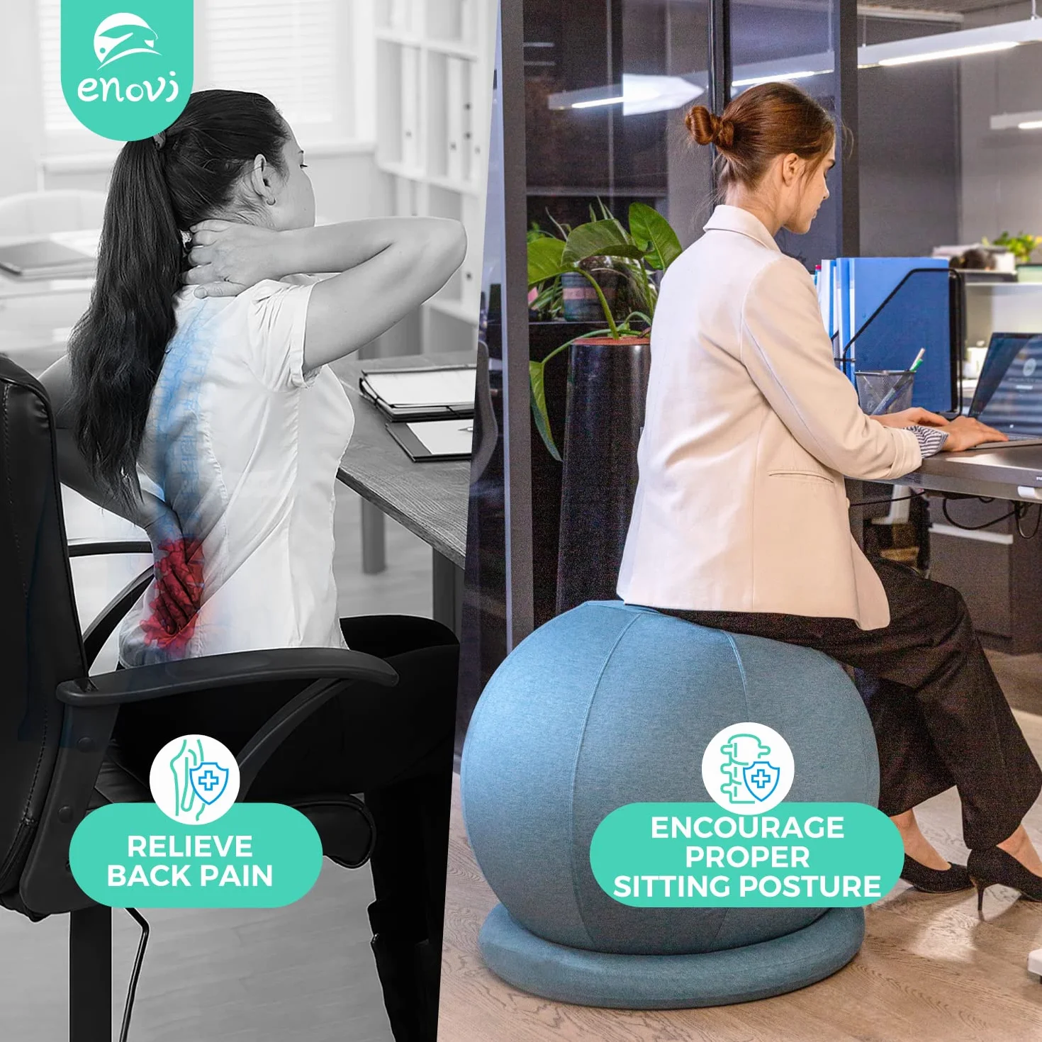 ProBalanceΩ Sedia a sfera, sedia a sfera da yoga con fodera e base per scrivania da casa e ufficio, parto e gravidanza, palla di stabilità e seduta per alleviare il dolore alla schiena, diverse