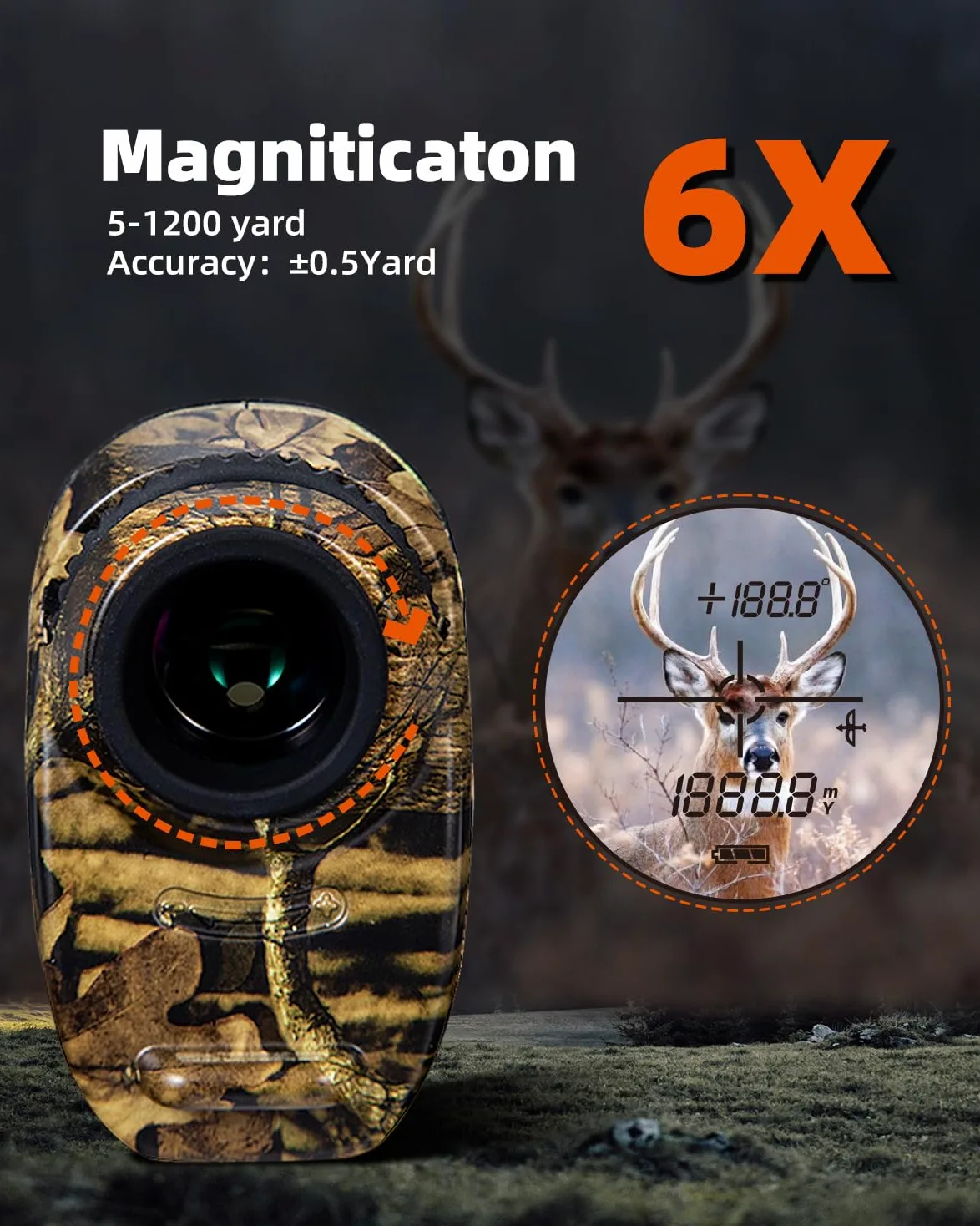 AOFAR HX-1200T Telemetro per Caccia Selvaggio Plus 1200 Metri，Camo Impermeabile, 6X 25mm, Range e Bow Modello, Imballaggio Regalo, Batteria Gratuita