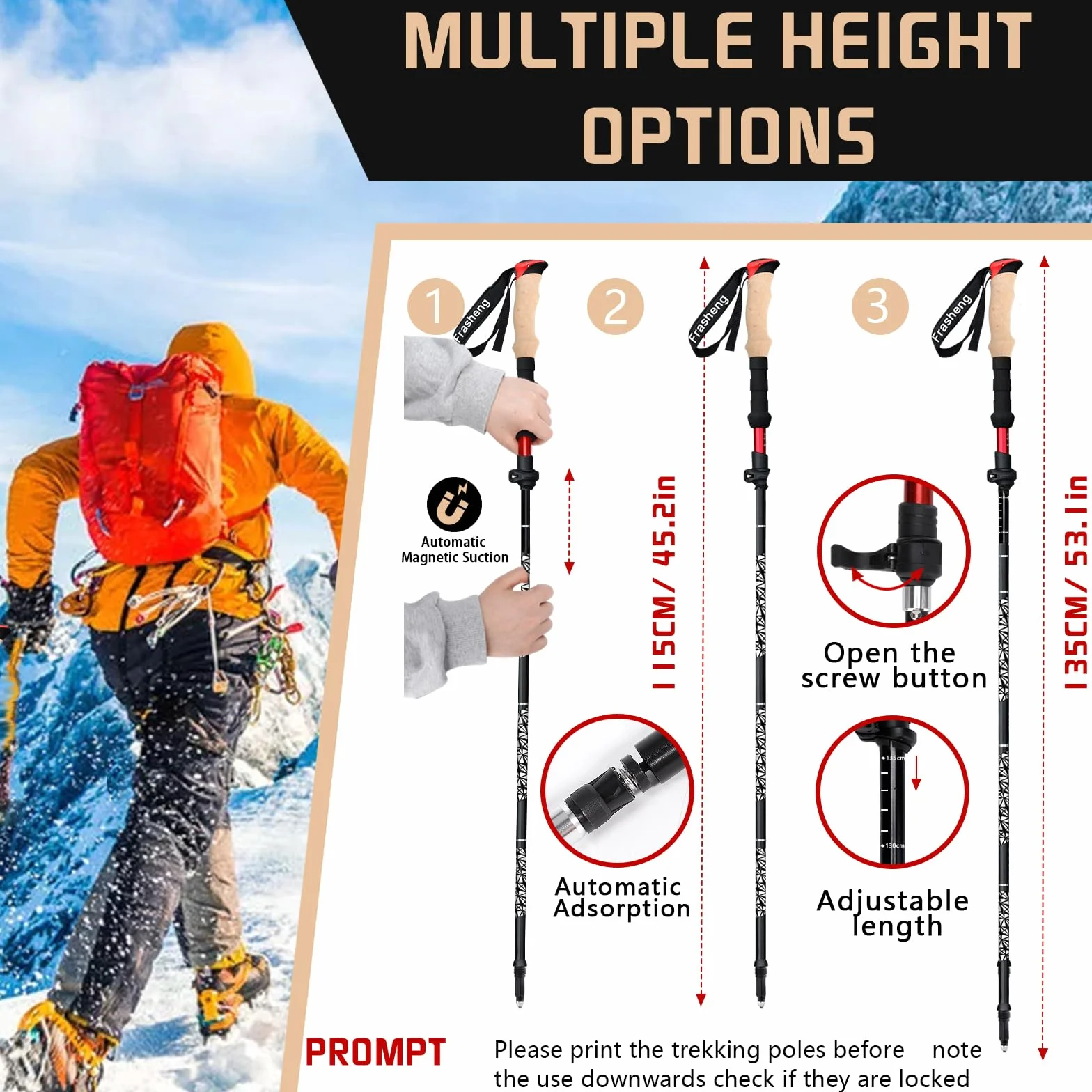 Bastoni Trekking Pieghevoli 7075 Alluminio, Nordic Walking Bastoncini con Manico in Sughero, 115-135cm, Nero