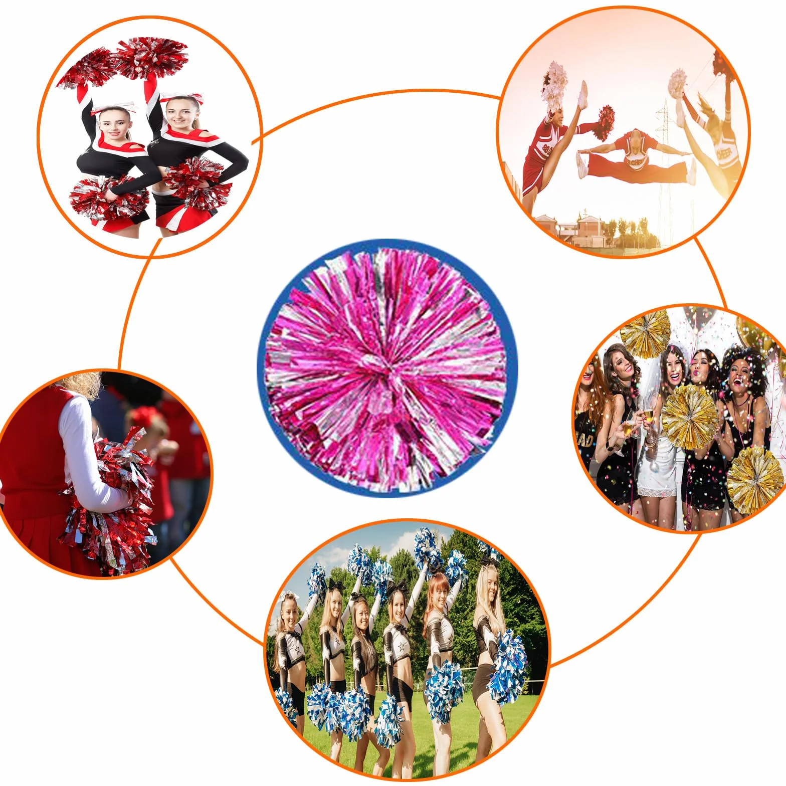 Cheerleading Pom Poms 35cm Metallici per Sport di Squadra Calcio Ballo Cheering Bambini Adulti