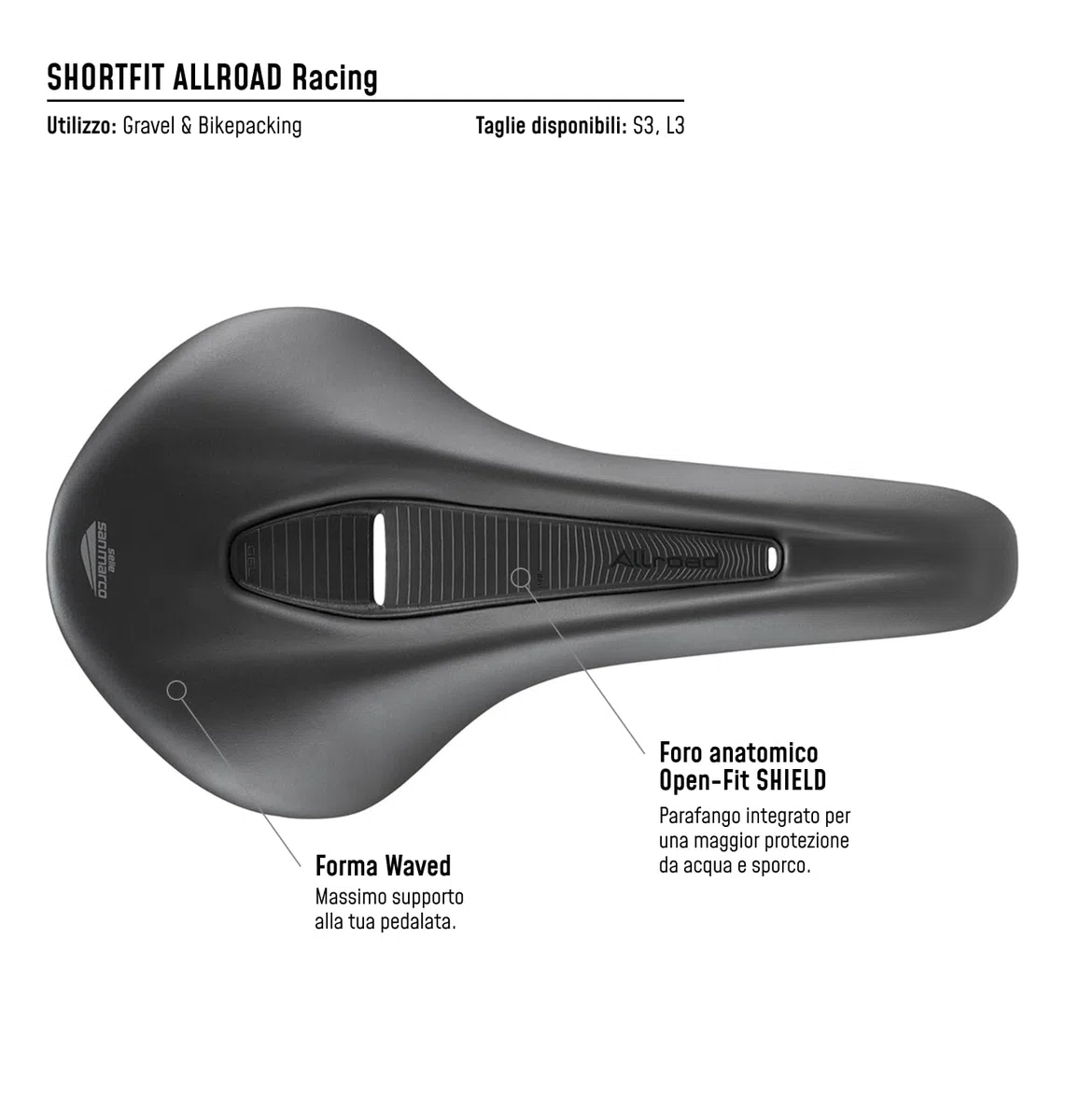Selle San Marco SHORTFIT ALLROAD Racing - Sella Bici Gravel e All-Road, Performance Leggera, Binari Xsilite, Corta Ergonomica