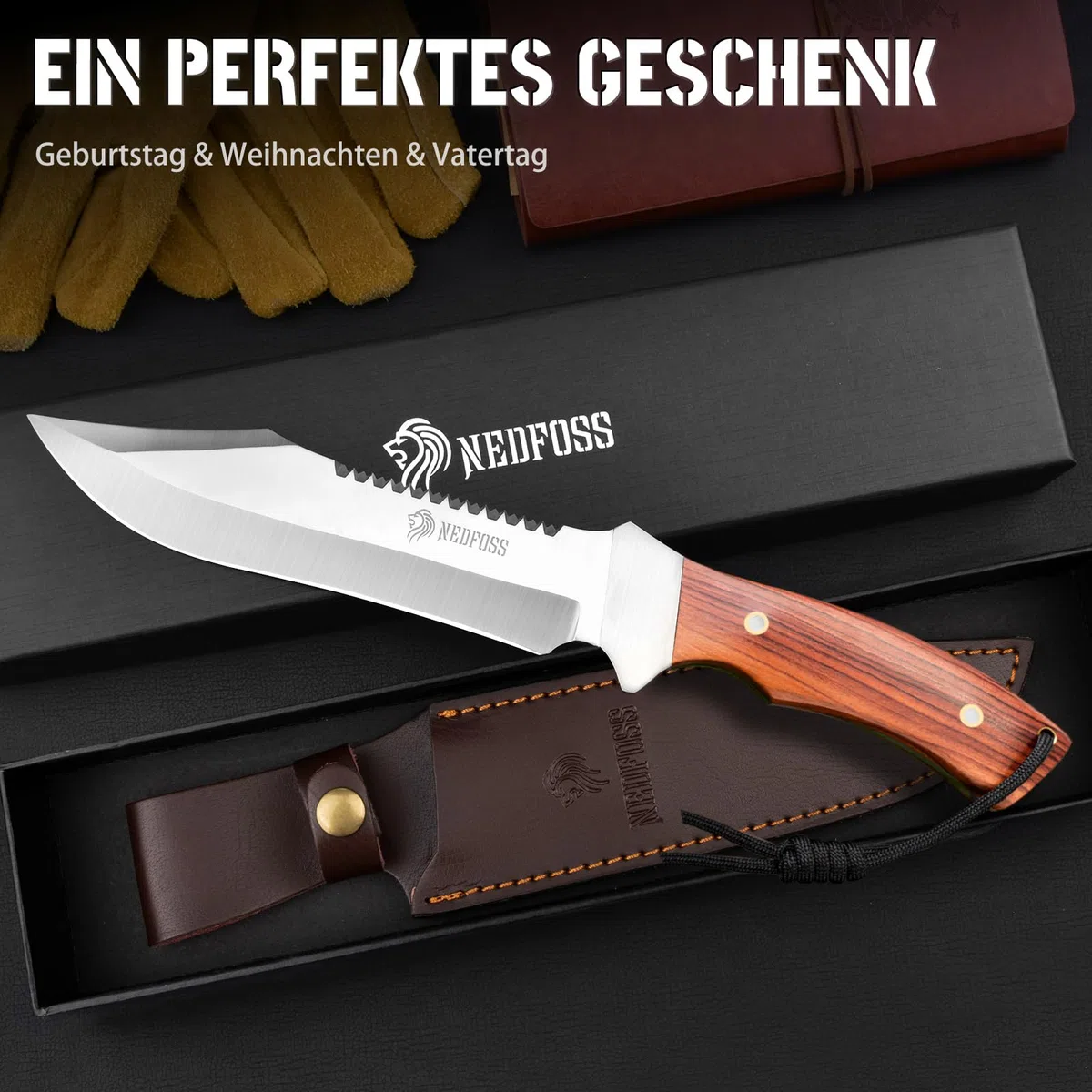 NedFoss JUNGLE-KING 33CM Coltello fisso da esternoin acciaio, coltello da sopravvivenza affilato, coltello da campeggio, coltello da pesca, coltello da cespuglio, Ideale per campeggio, regali