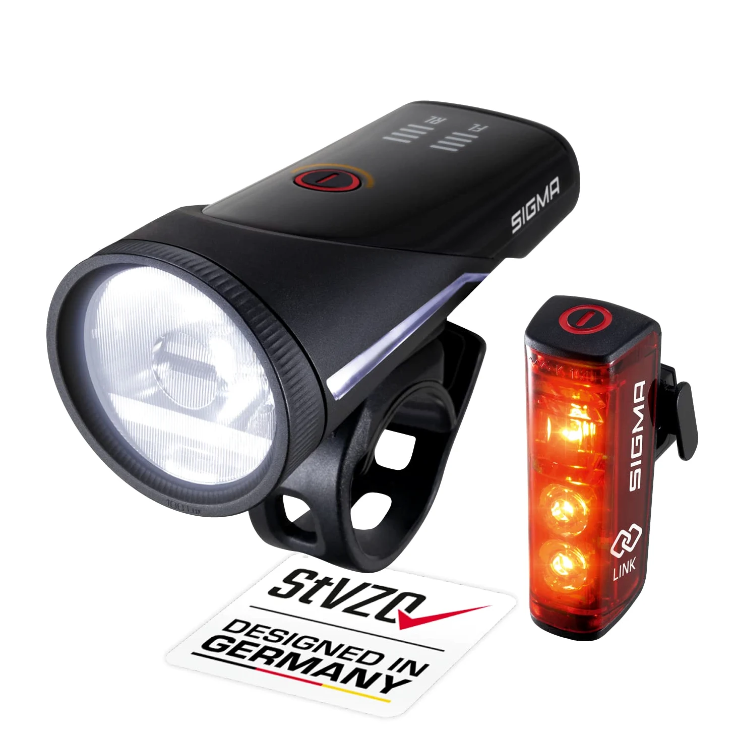 SIGMA Aura 100/Blaze Link set di luci per bici (attacco in silicone) | innovativa funzione frizione | luce anteriore a LED con 100 lux | luce posteriore con funzione luce freno