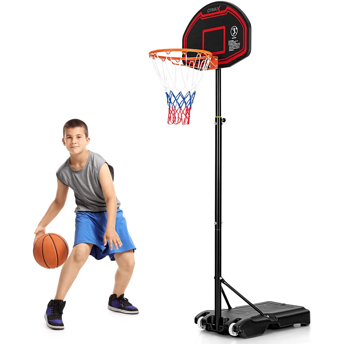 GYMAX Canestro per Bambini, 155-210 cm, Canestro per Bambini con 5 Livelli di Altezza, Rete Durevole e Tabellone Resistente, Canestro per Uso Interno ed Esterno, Facile da Montare