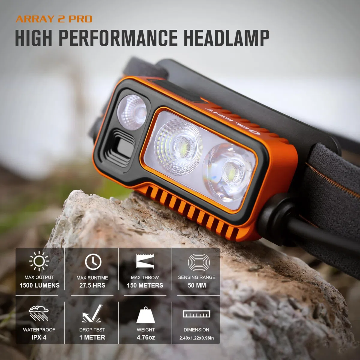 OLIGHT ARRAY2 PRO Faro Prestazioni Alte con Funzione Sensore di Movimento della Mano 1500 Lumen Lampada da Testa Torcia Frontale LED per Corsa Notturna Campeggiosterna (Arancione)