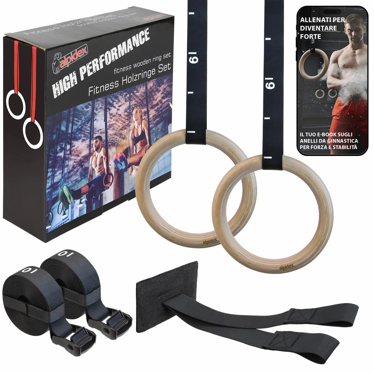 ALPIDEX Anelli Ginnastica e Palestra in Legno con Ancoraggi per Porta e Cinghie di Fissaggio