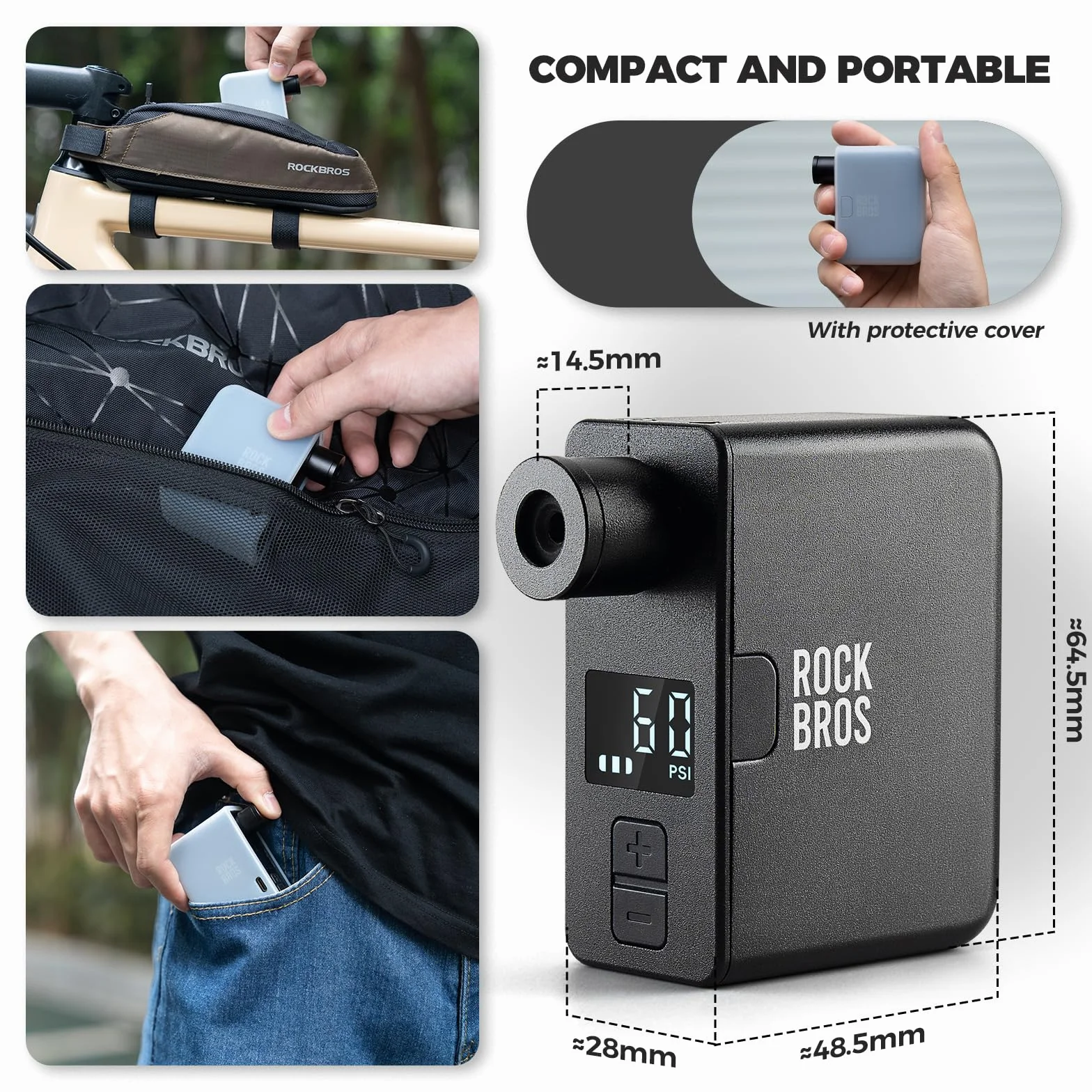 ROCKBROS Pompa per Bicicletta, Mini Pompa Elettrica, Pompa Bicicletta Portatile, Senza Fili, 120PSI, Adatta a Bici Elettrica, MTB, Bici da Strada, Valvole Presta e Schrader, 450mAh